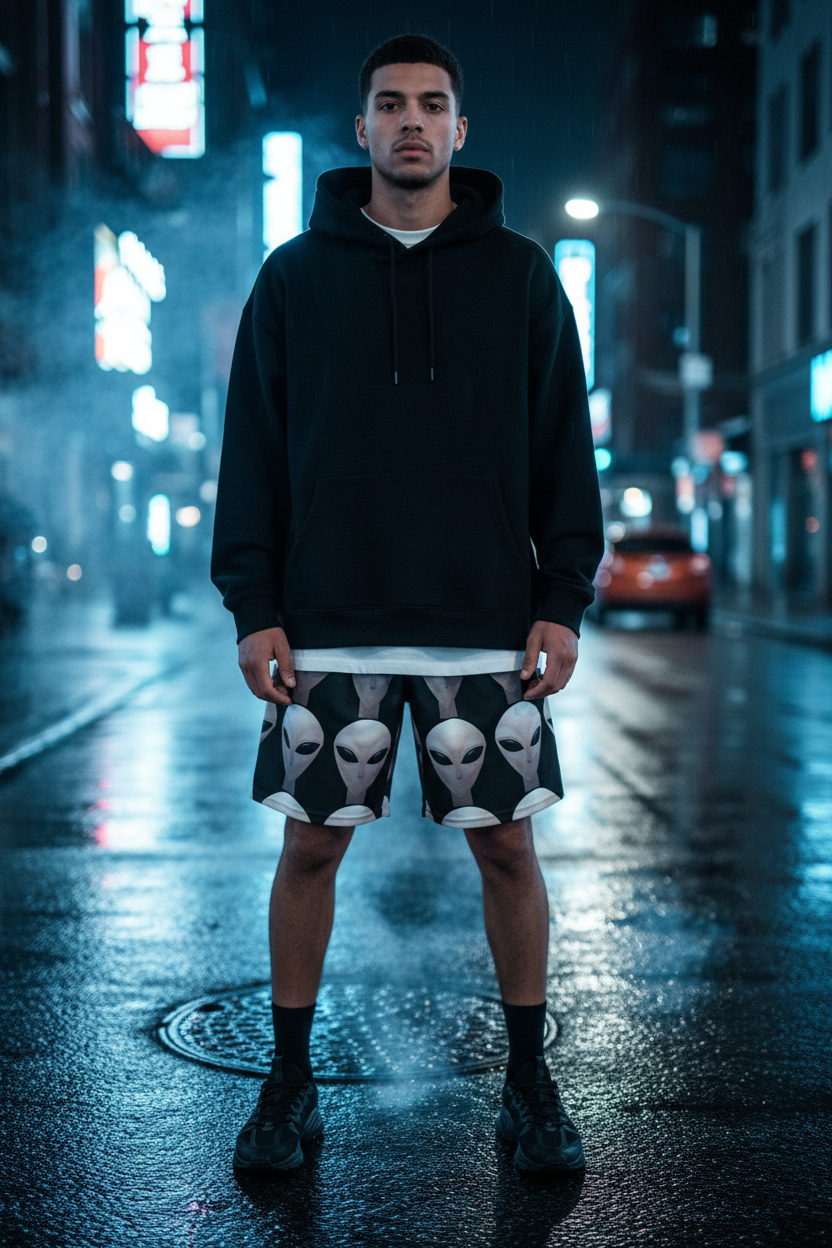 Alien Face Black Shorts — Night City Ad Shot