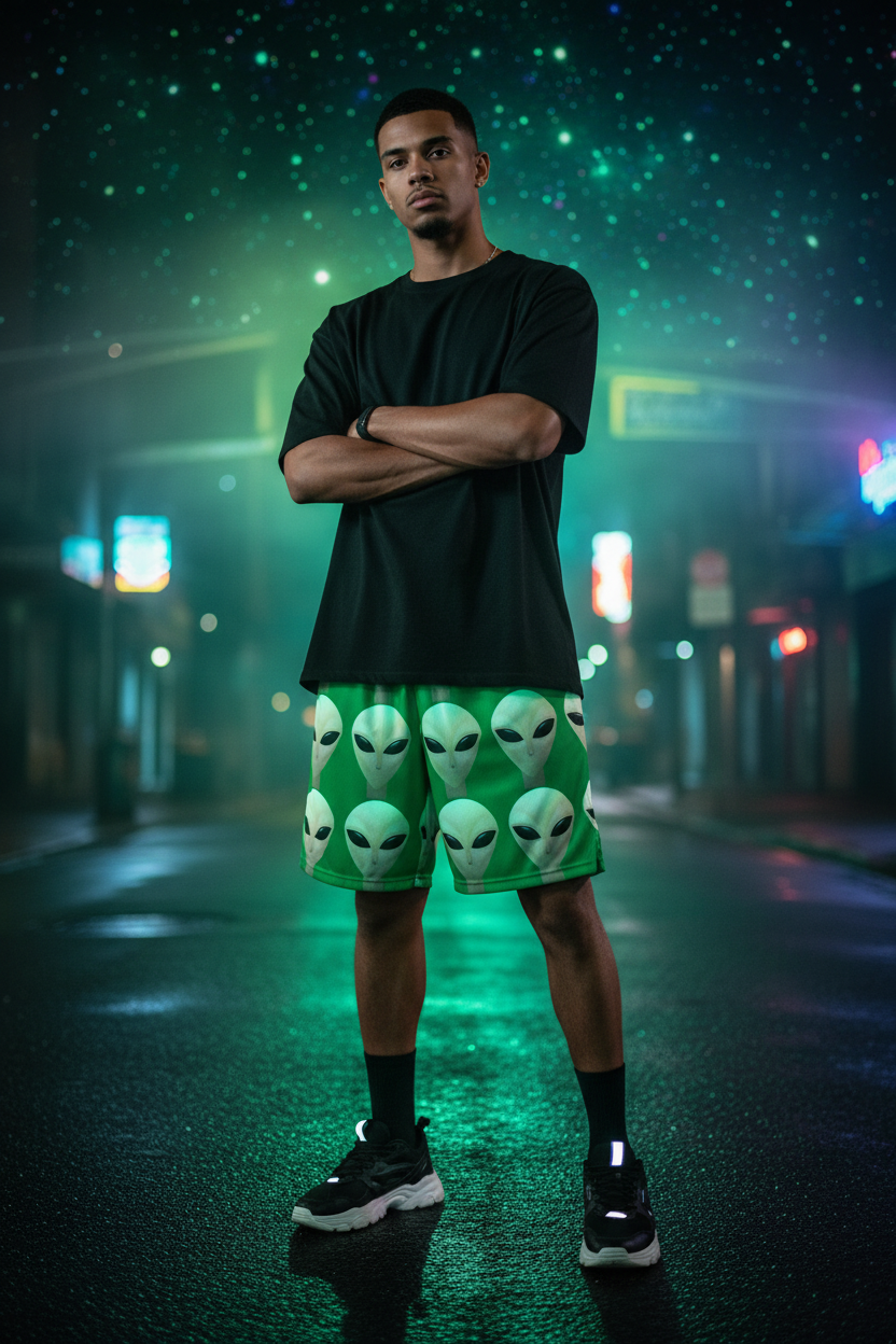 Alien Face Green Shorts — Night Neon Lifestyle