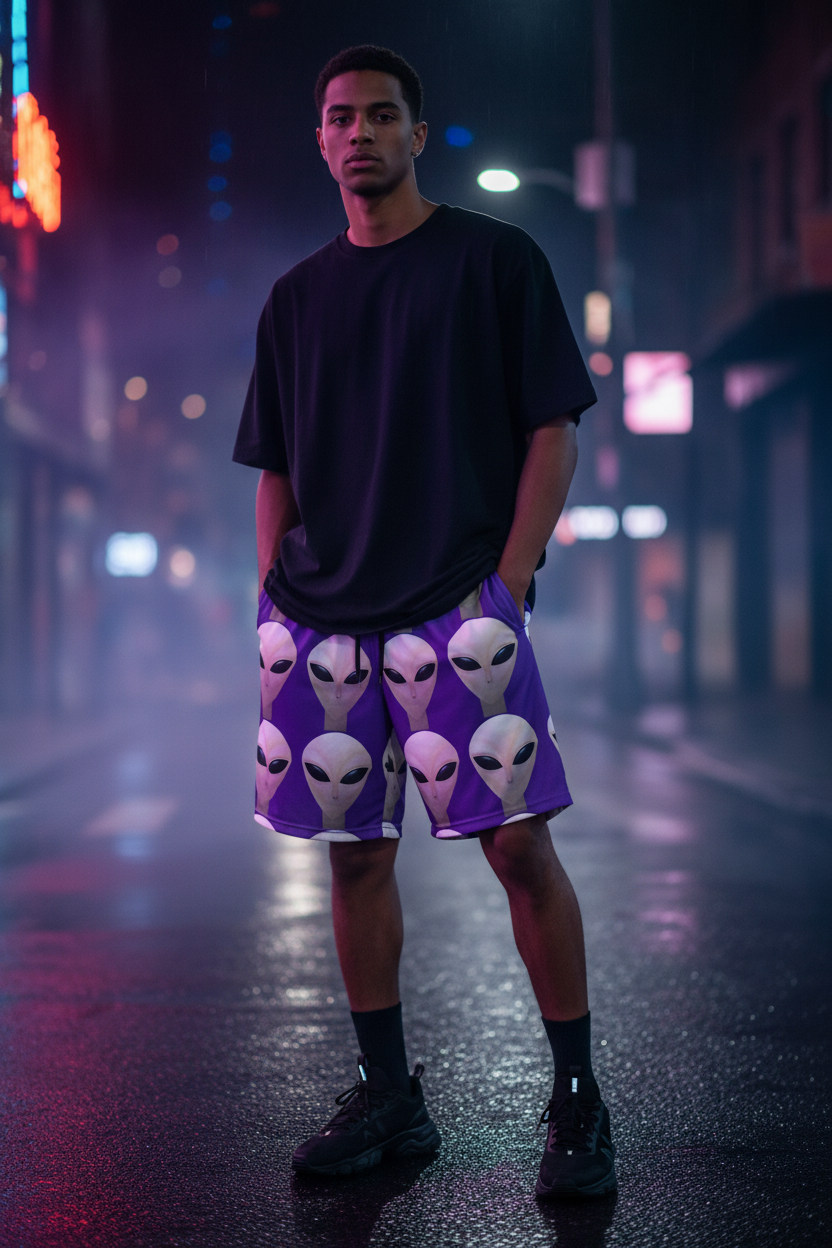 Alien Face Purple Shorts — Night Neon Lifestyle