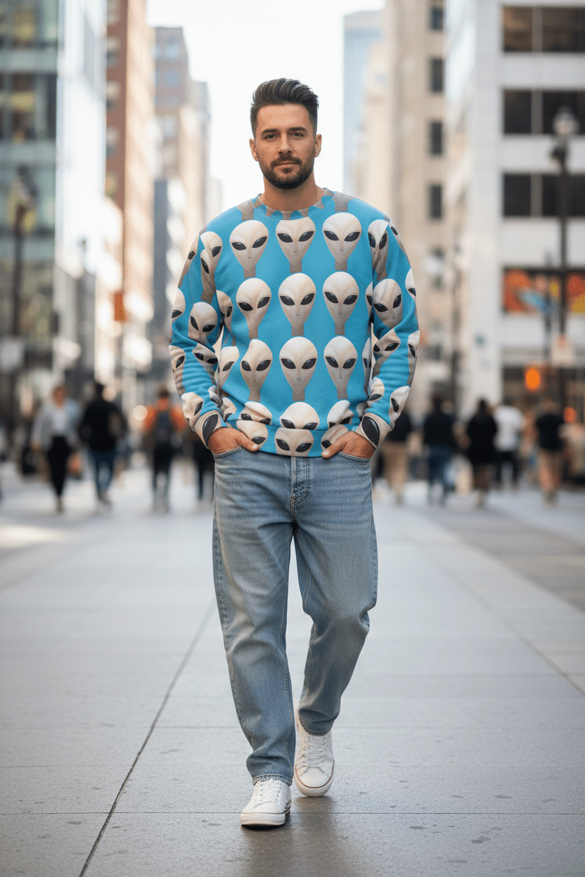 Blue Alien Sweatshirt Walking