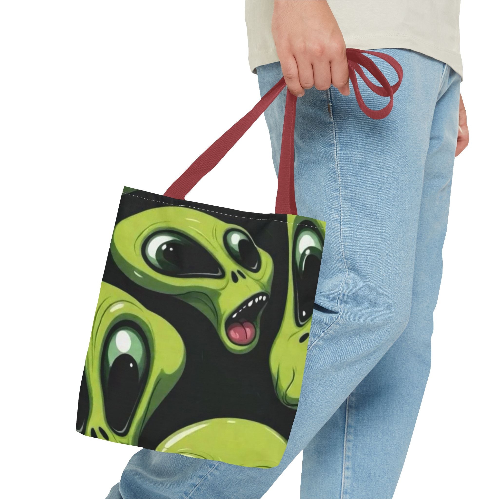 Alien Faces Tote Bag — Cute Green Alien All-Over Print Tote Printify