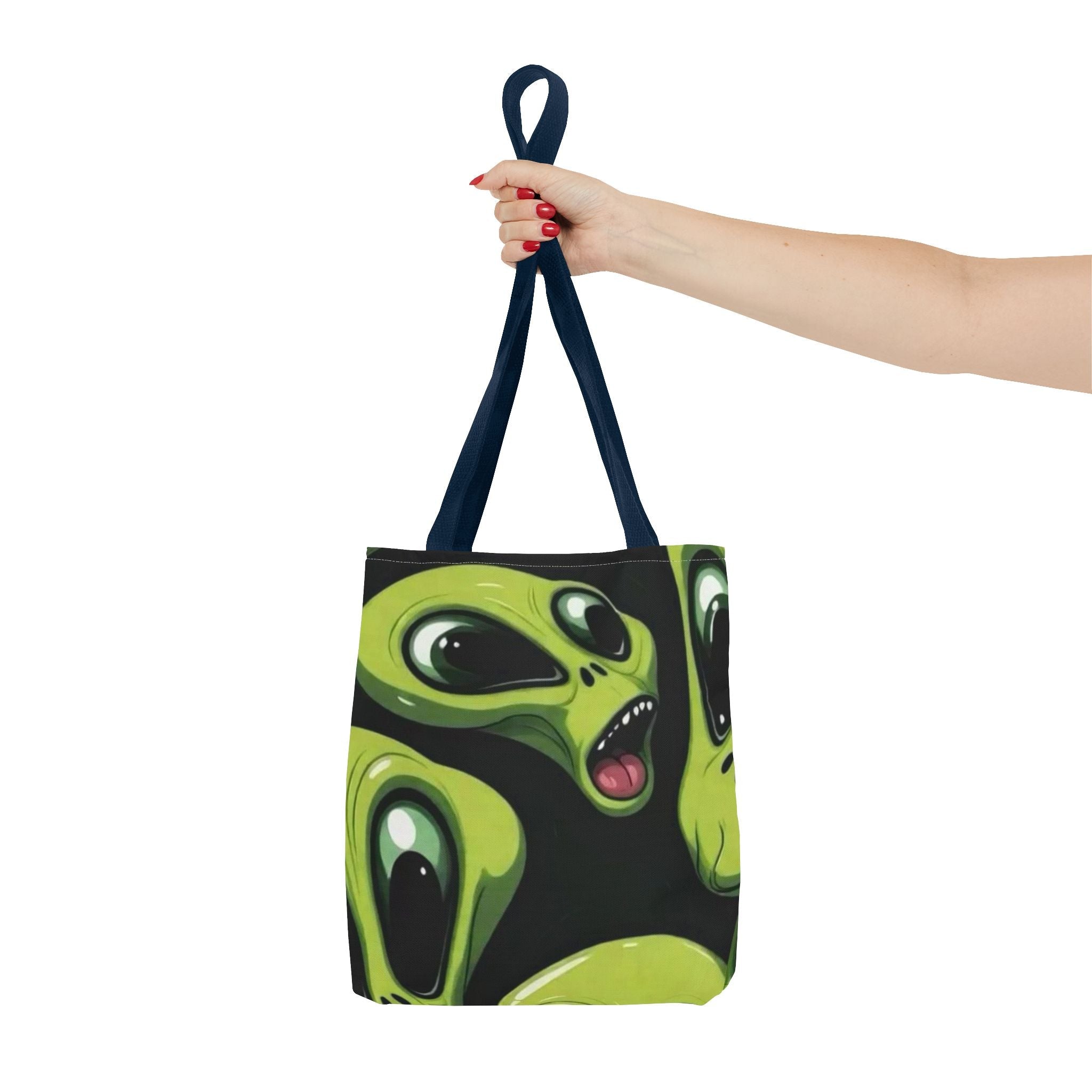 Alien Faces Tote Bag — Cute Green Alien All-Over Print Tote Printify