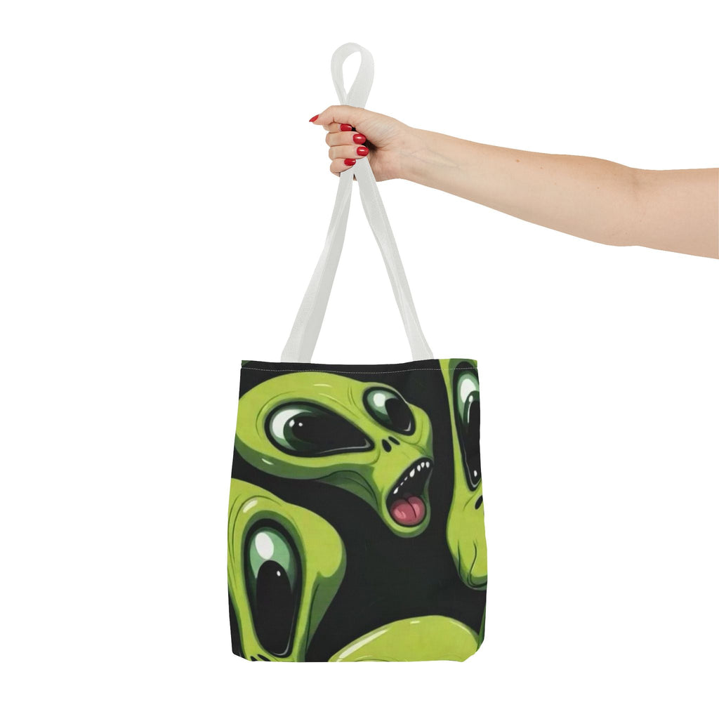 Alien Faces Tote Bag — Cute Green Alien All-Over Print Tote Printify