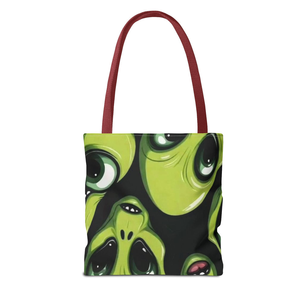 Alien Faces Tote Bag — Cute Green Alien All-Over Print Tote Printify