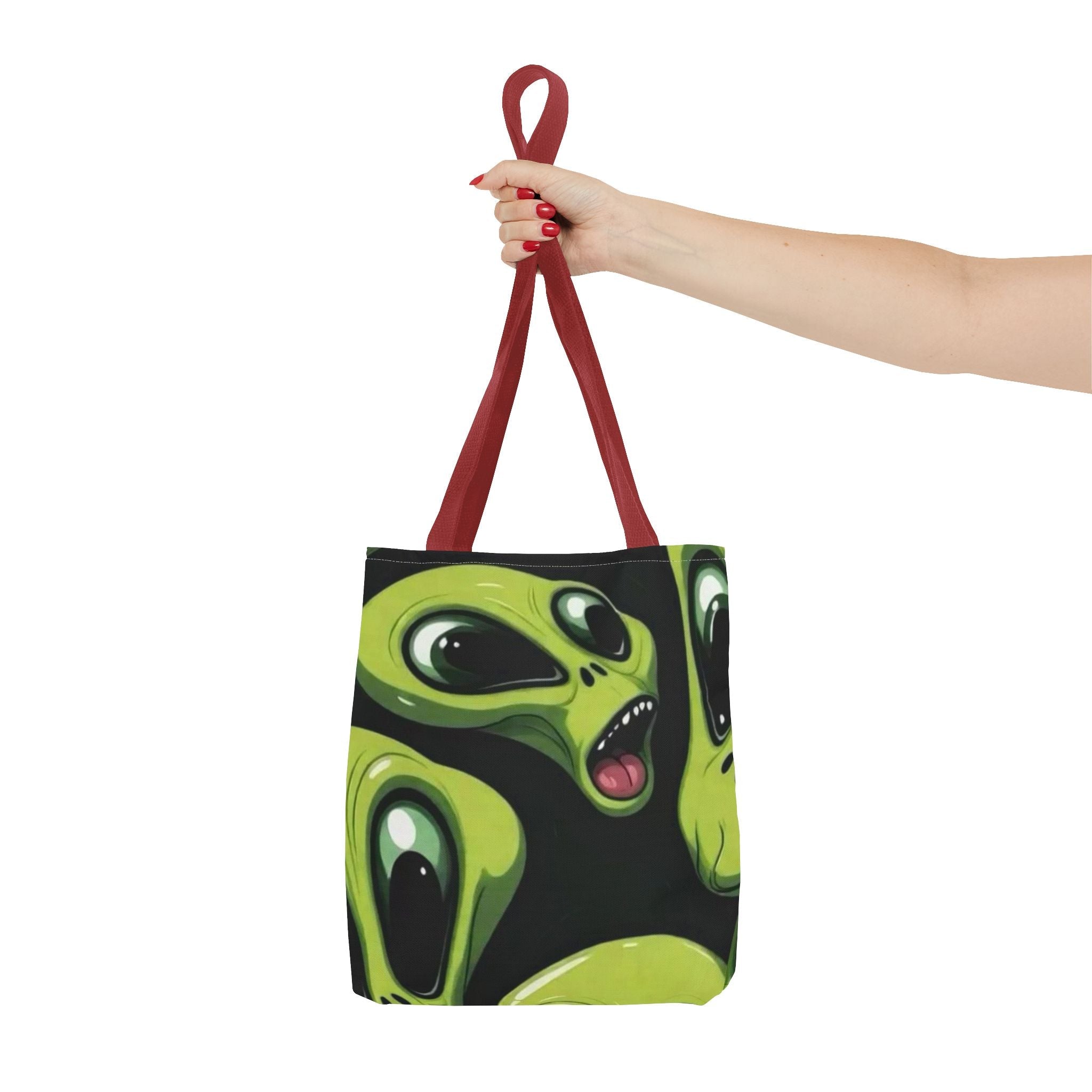 Alien Faces Tote Bag — Cute Green Alien All-Over Print Tote Printify
