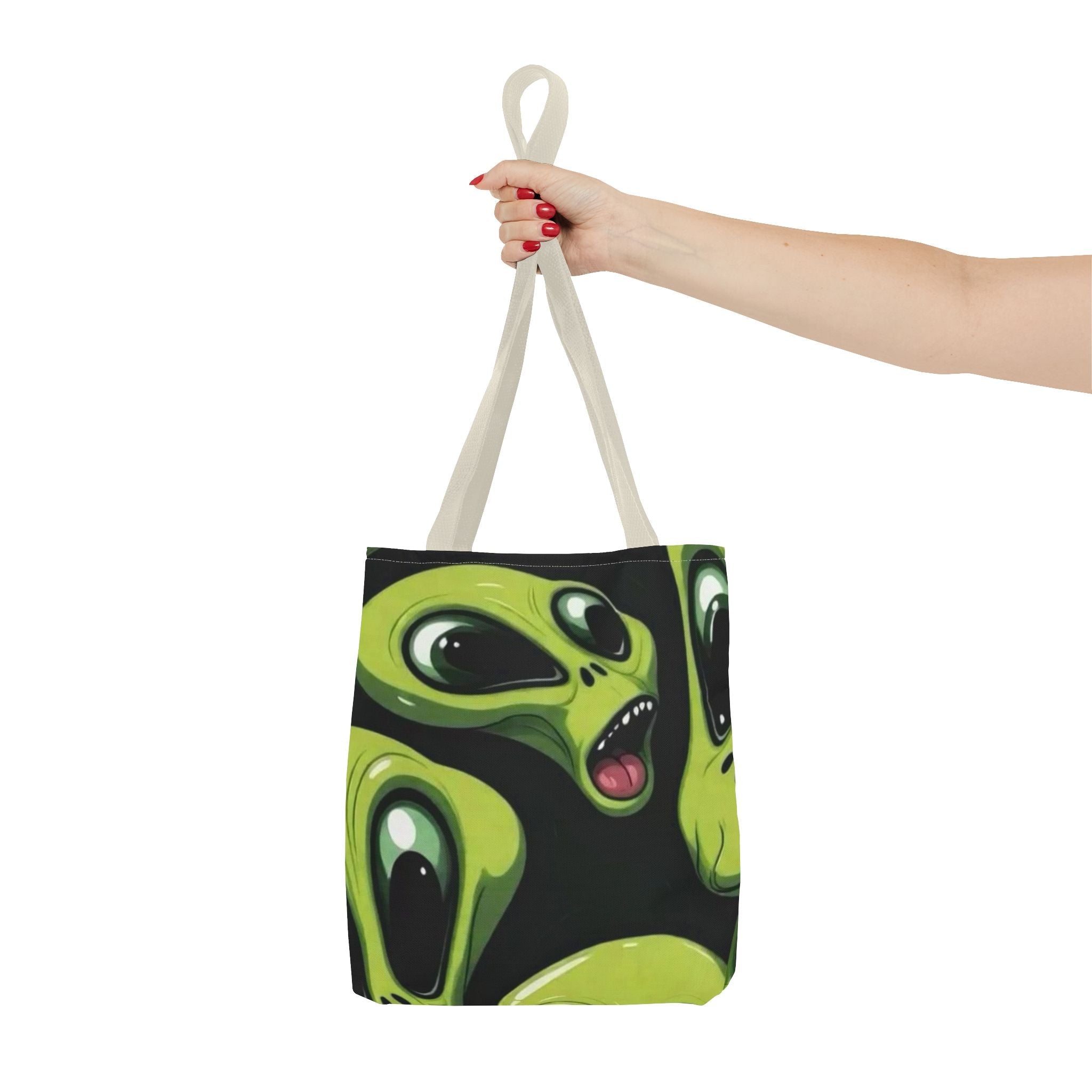 Alien Faces Tote Bag — Cute Green Alien All-Over Print Tote Printify