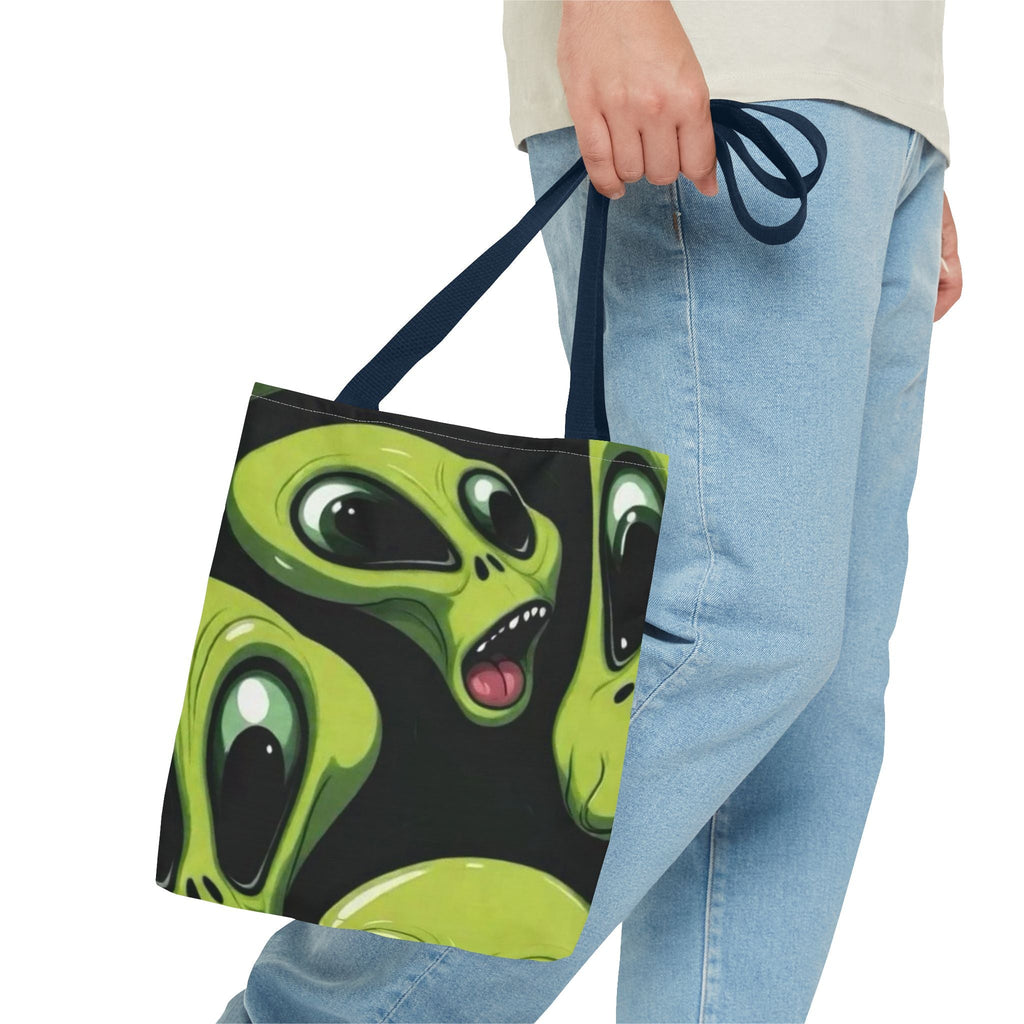 Alien Faces Tote Bag — Cute Green Alien All-Over Print Tote Printify