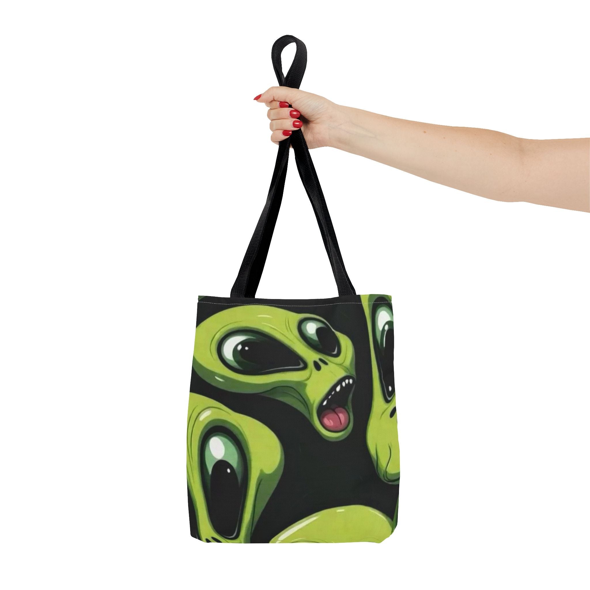 Alien Faces Tote Bag — Cute Green Alien All-Over Print Tote Printify