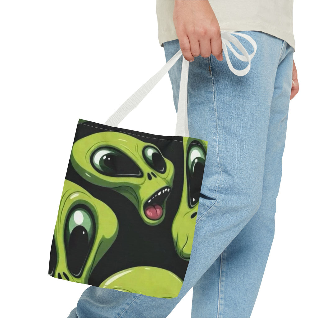 Alien Faces Tote Bag — Cute Green Alien All-Over Print Tote Printify