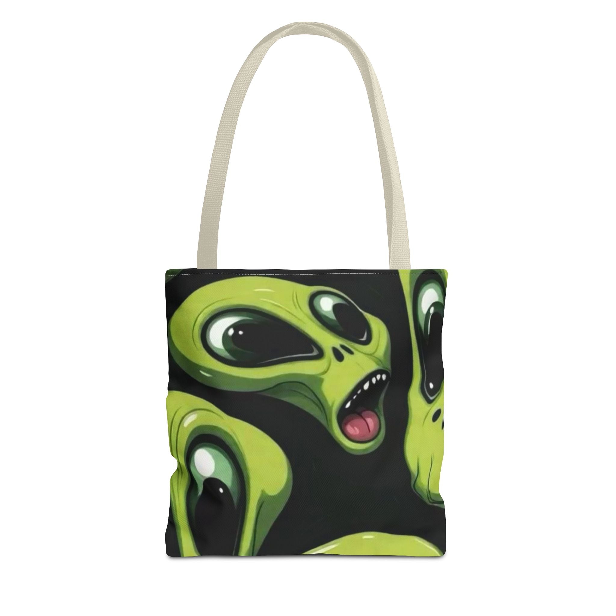 Alien Faces Tote Bag — Cute Green Alien All-Over Print Tote Printify
