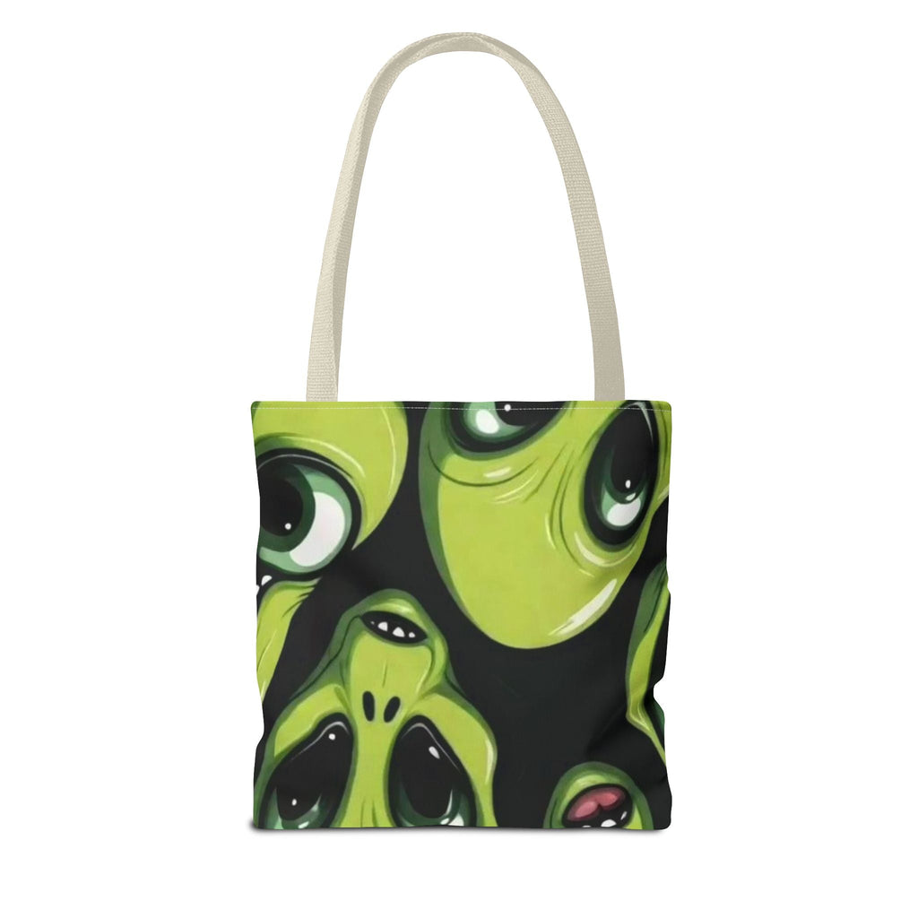 Alien Faces Tote Bag — Cute Green Alien All-Over Print Tote Printify