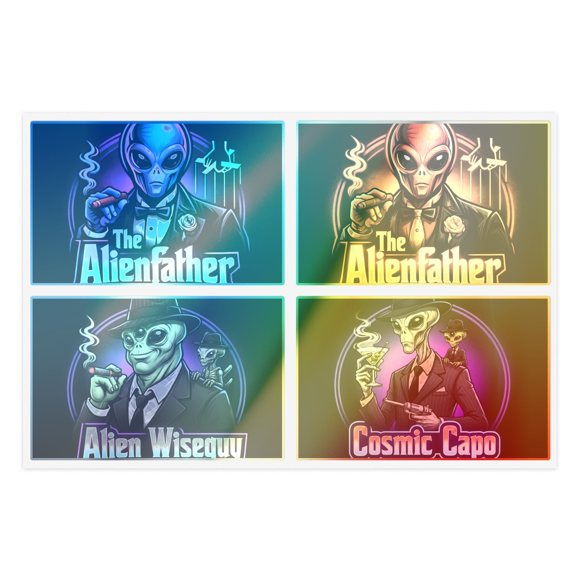 Alien Godfather Sticker Sheet — Retro Sci‑Fi Mob Boss Art Stickers (The Alienfather, Cosmic Capo) Printify