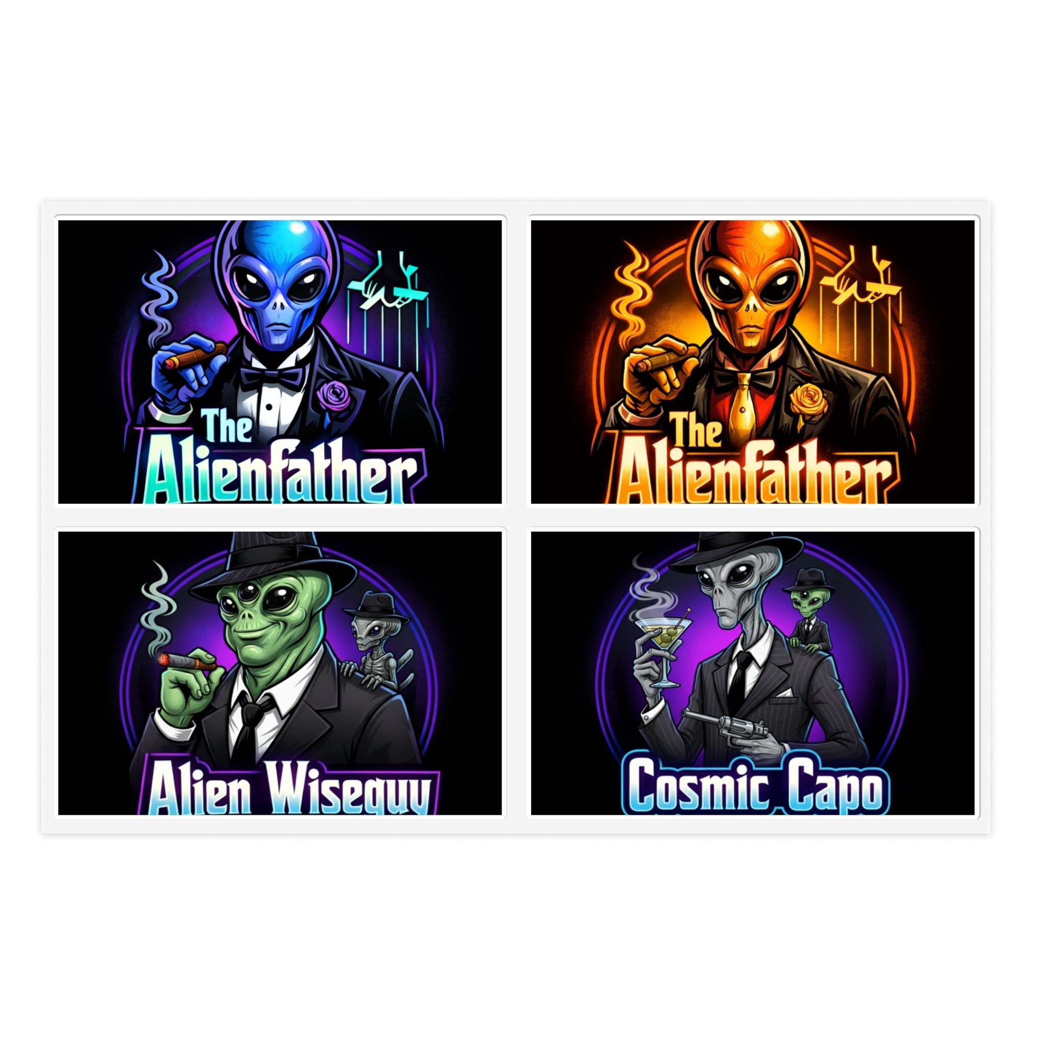 Alien Godfather Sticker Sheet — Retro Sci‑Fi Mob Boss Art Stickers (The Alienfather, Cosmic Capo) Printify