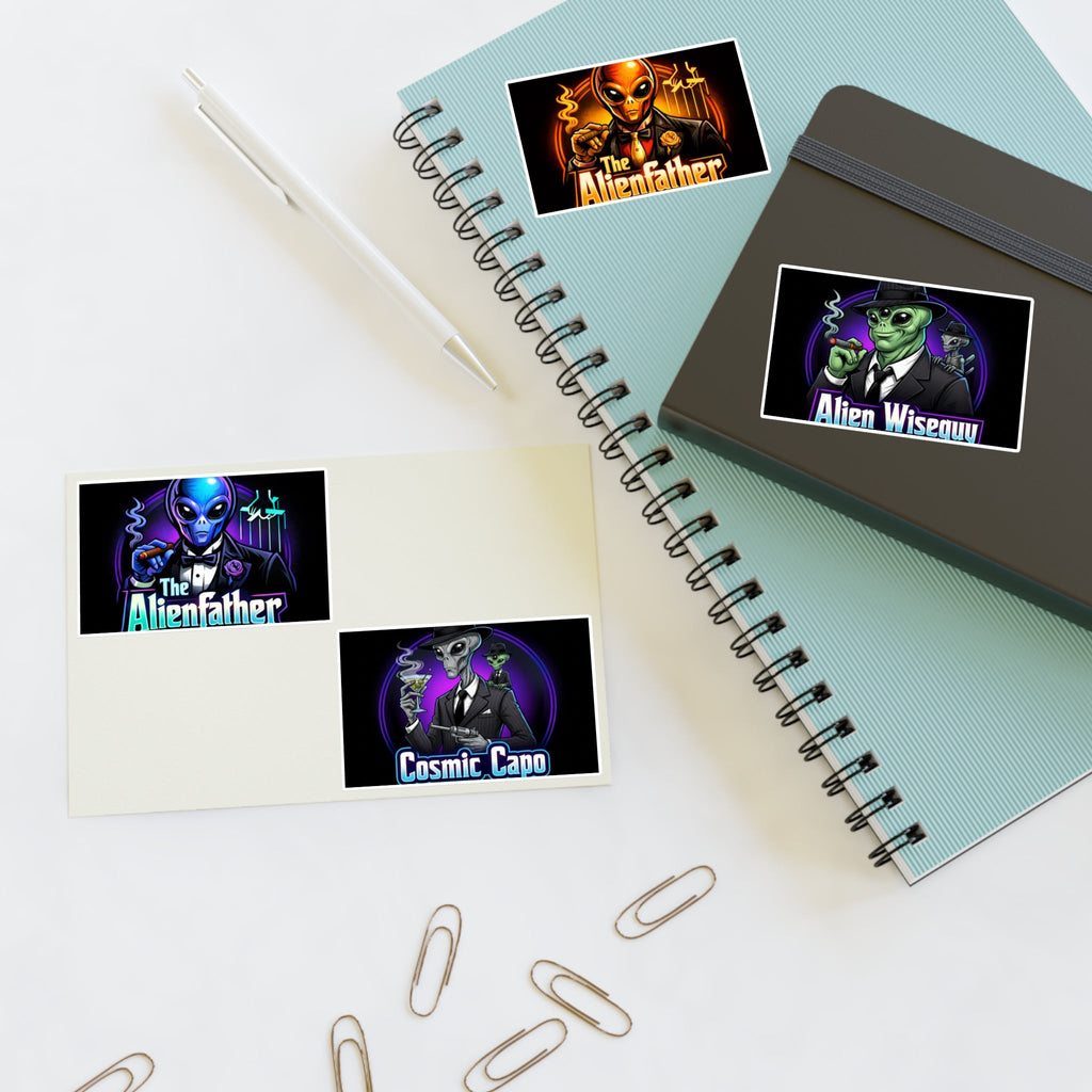 Alien Godfather Sticker Sheet — Retro Sci‑Fi Mob Boss Art Stickers (The Alienfather, Cosmic Capo) Printify