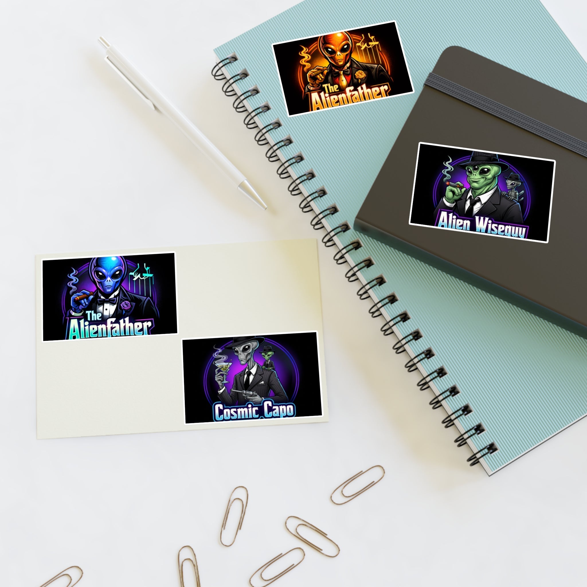 Alien Godfather Sticker Sheet — Retro Sci‑Fi Mob Boss Art Stickers (The Alienfather, Cosmic Capo) Printify
