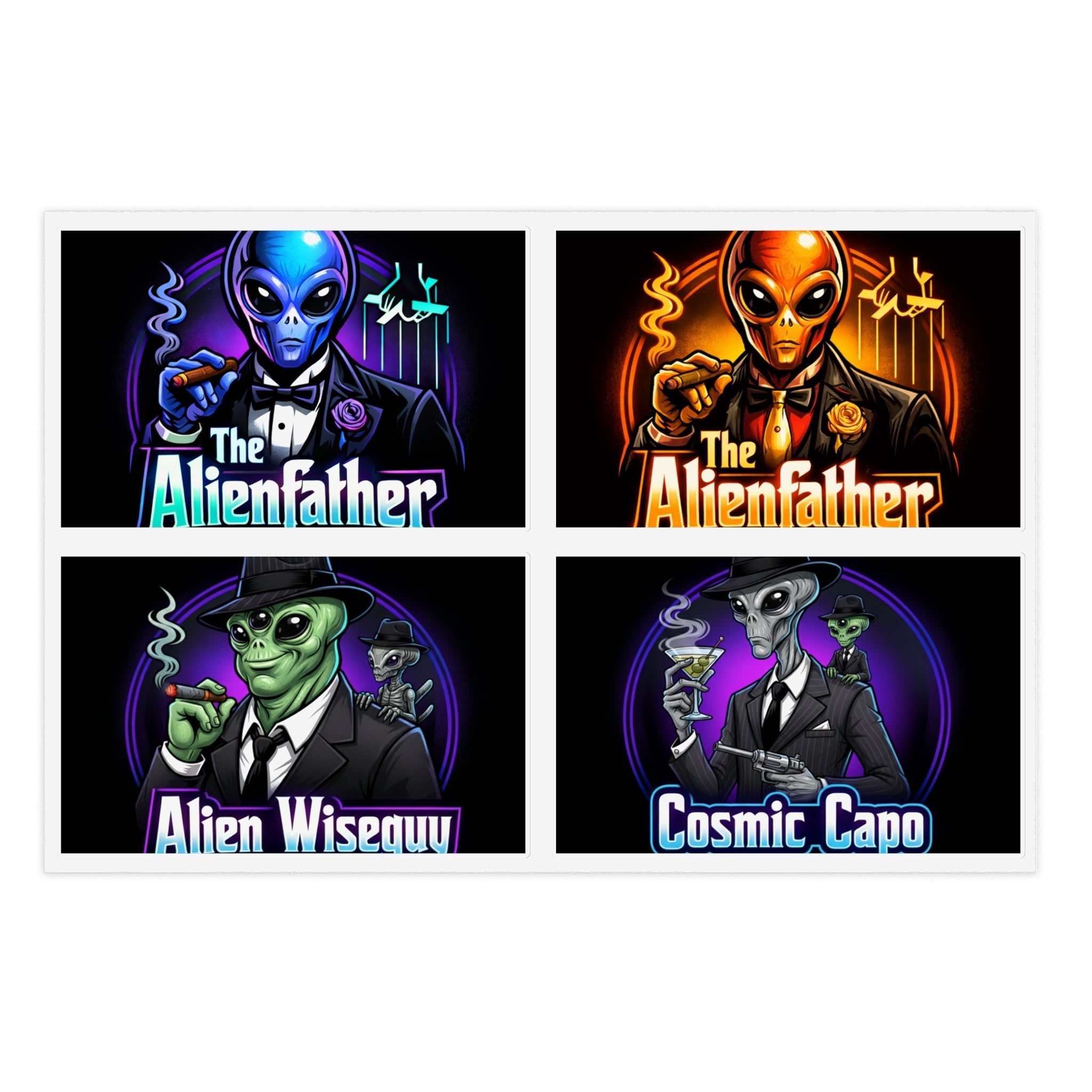 Alien Godfather Sticker Sheet — Retro Sci‑Fi Mob Boss Art Stickers (The Alienfather, Cosmic Capo) Printify