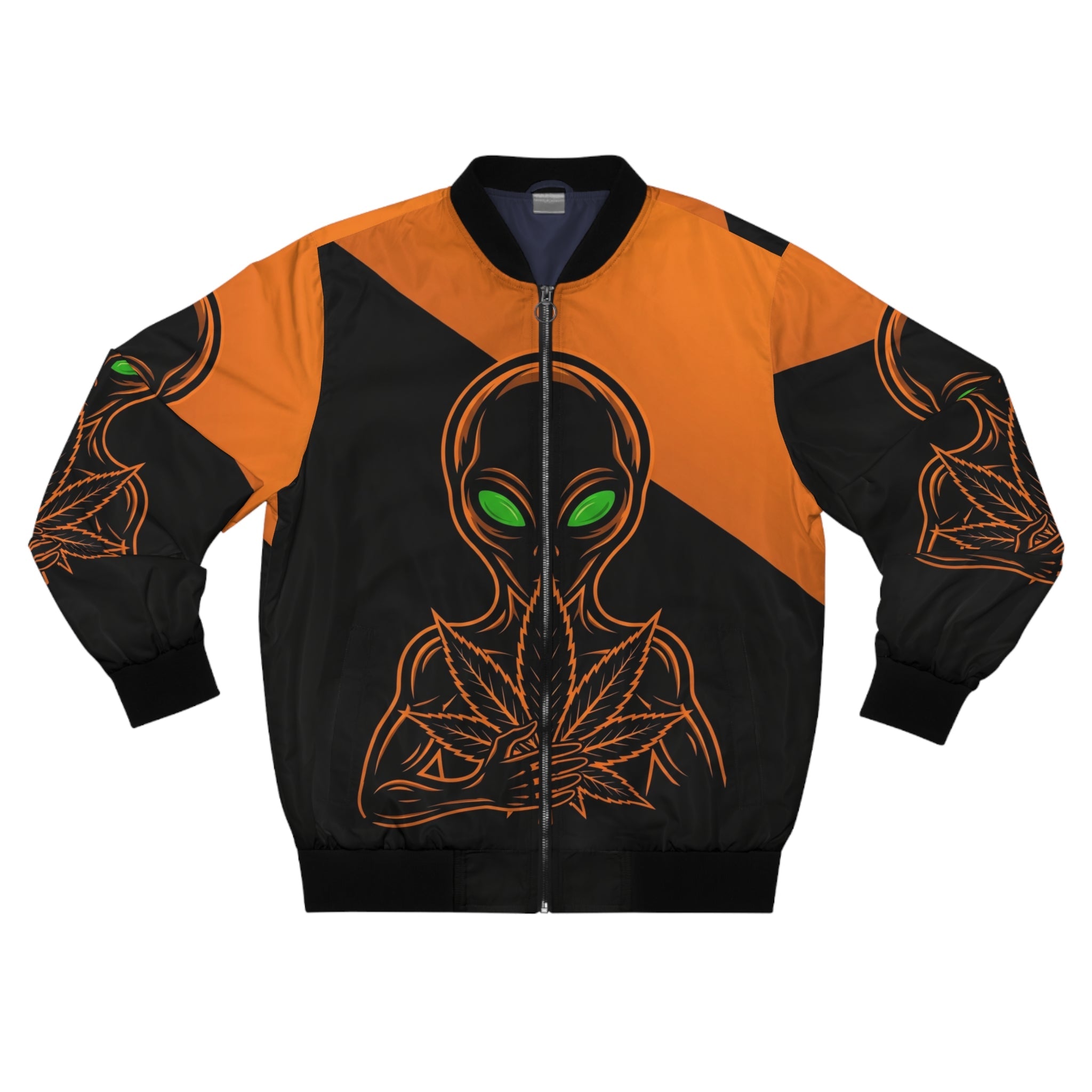 Alien Leaf Bomber Jacket — Neon Green Eyes Orange & Black AOP Printify