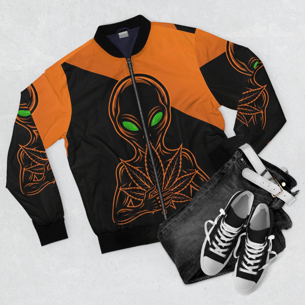 Alien Leaf Bomber Jacket — Neon Green Eyes Orange & Black AOP Printify