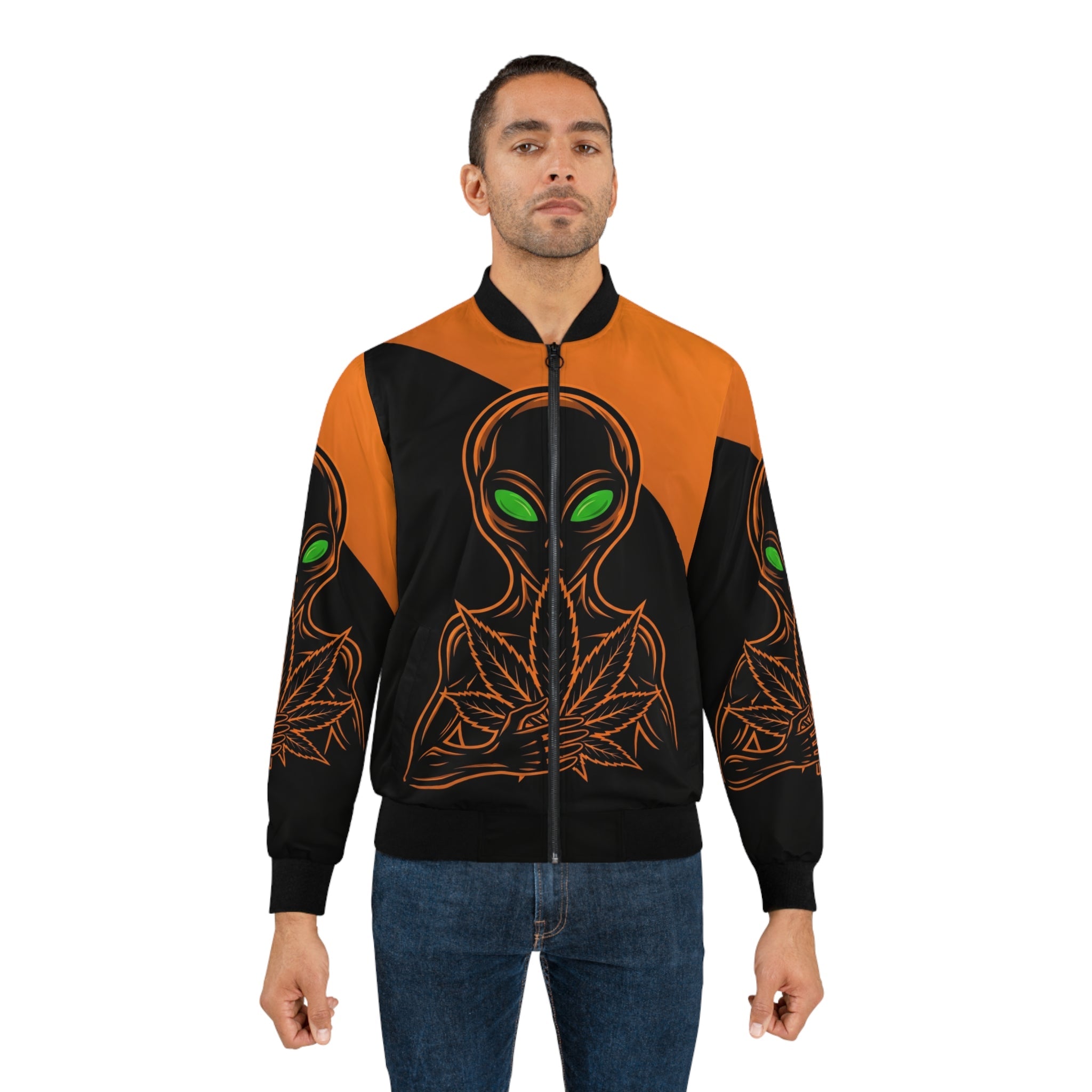Alien Leaf Bomber Jacket — Neon Green Eyes Orange & Black AOP Printify