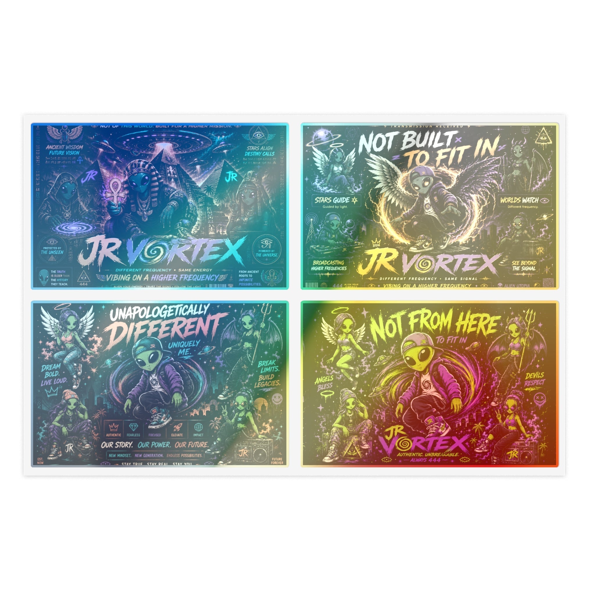 Alien Punk Sticker Sheets — JR Vortex Sci‑Fi Graphic Decal Set (Not From Here / Not Built to Fit In)