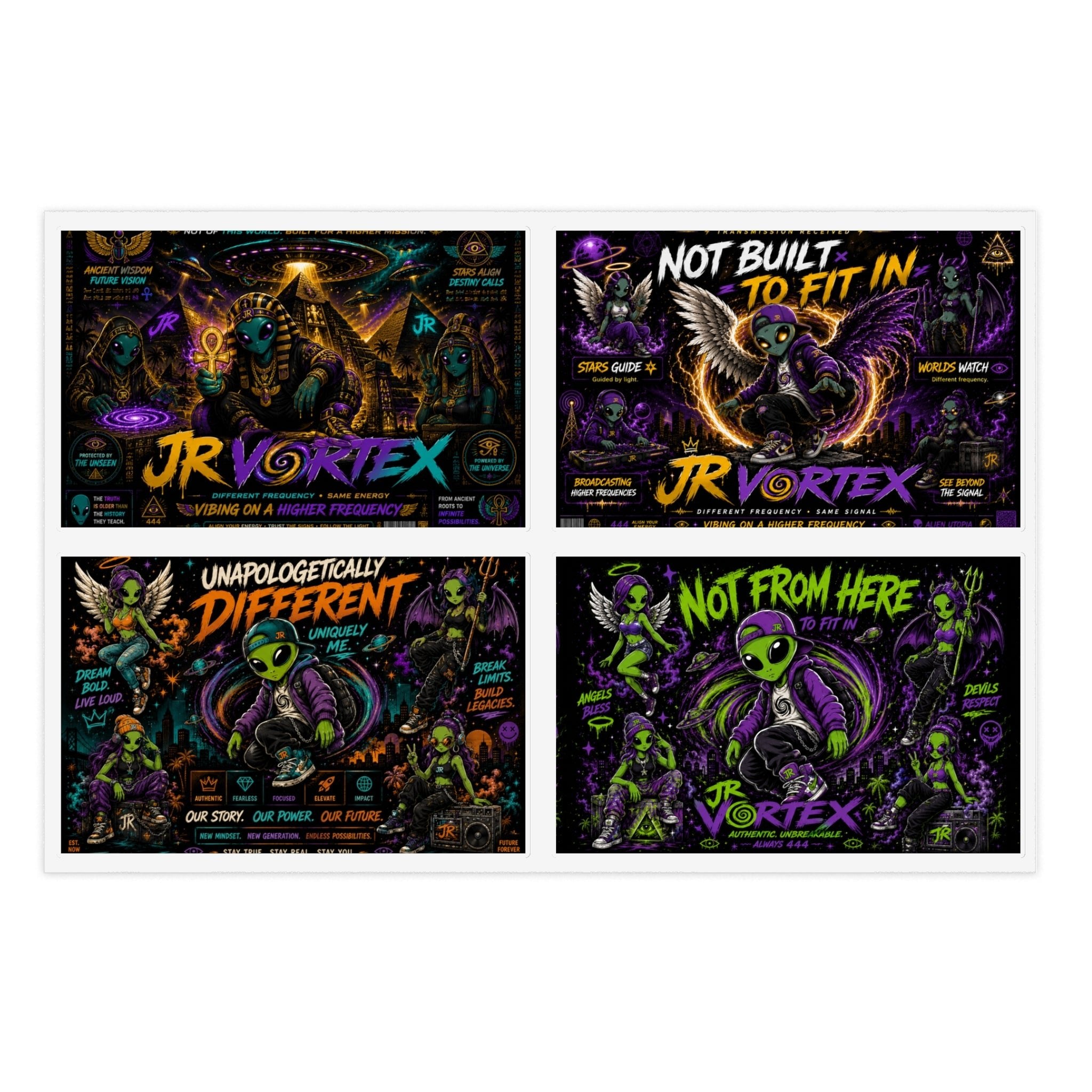 Alien Punk Sticker Sheets — JR Vortex Sci‑Fi Graphic Decal Set (Not From Here / Not Built to Fit In)