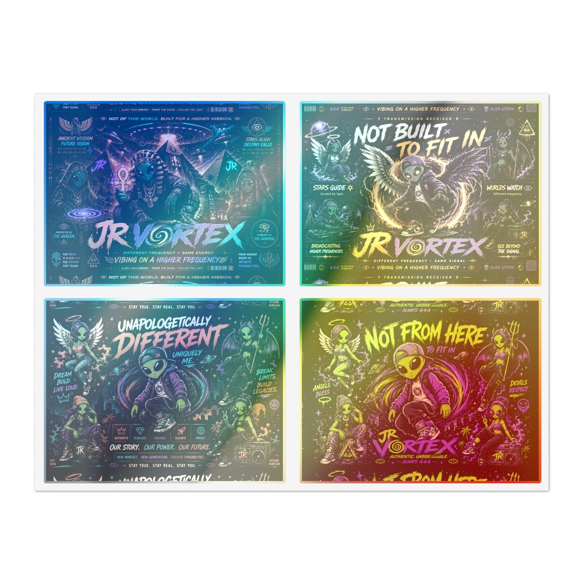 Alien Punk Sticker Sheets — JR Vortex Sci‑Fi Graphic Decal Set (Not From Here / Not Built to Fit In)