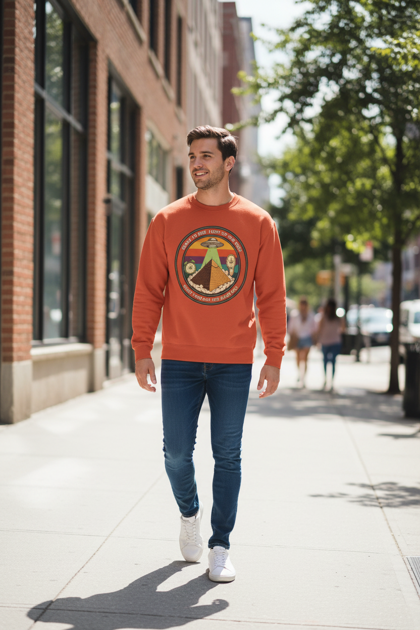 Alien Pyramid Crewneck Orange — Daytime Street Walk
