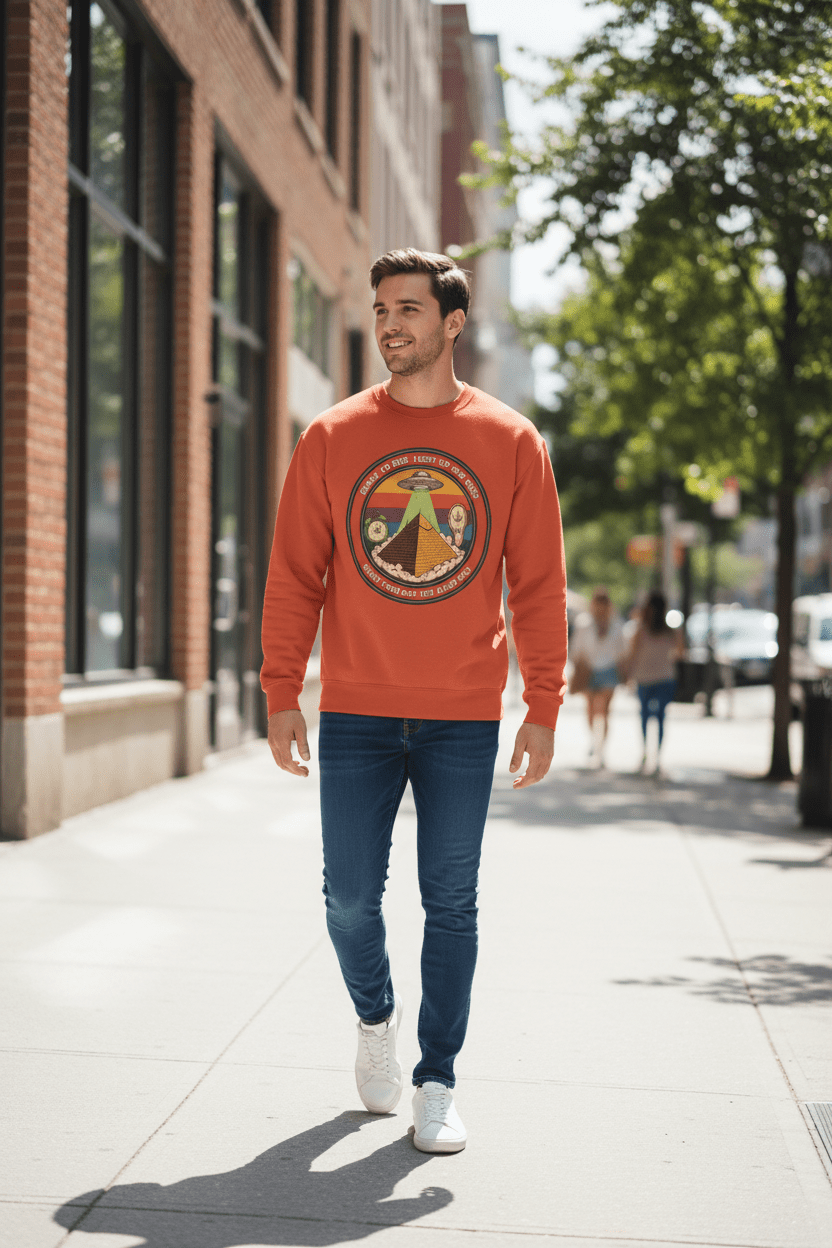 Alien Pyramid Crewneck Orange — Daytime Street Walk