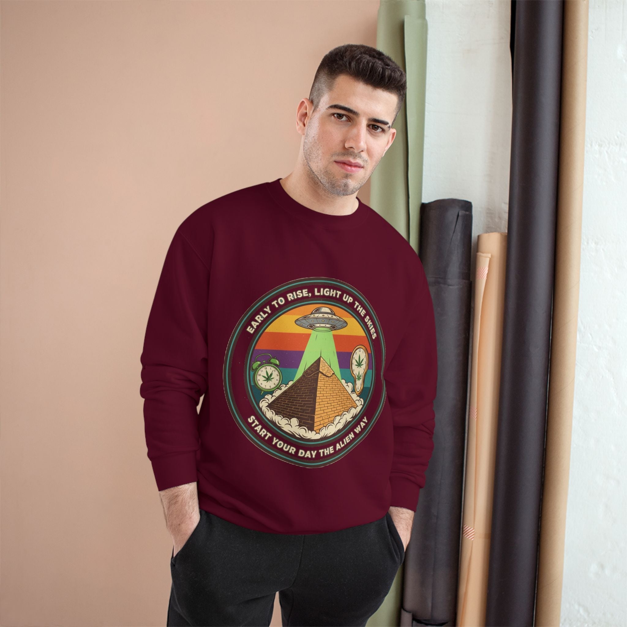 Alien Pyramid Crewneck Sweatshirt – Retro UFO Graphic Printify