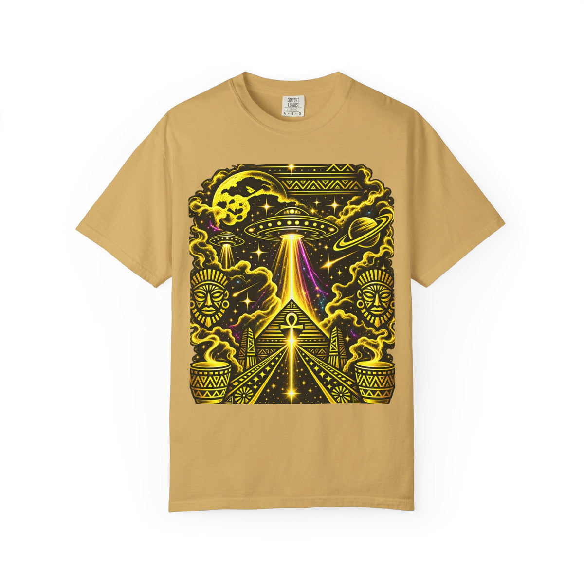 Mustard Alien Pyramid UFO graphic tee by JR Vortex – unisex retro sci-fi streetwear