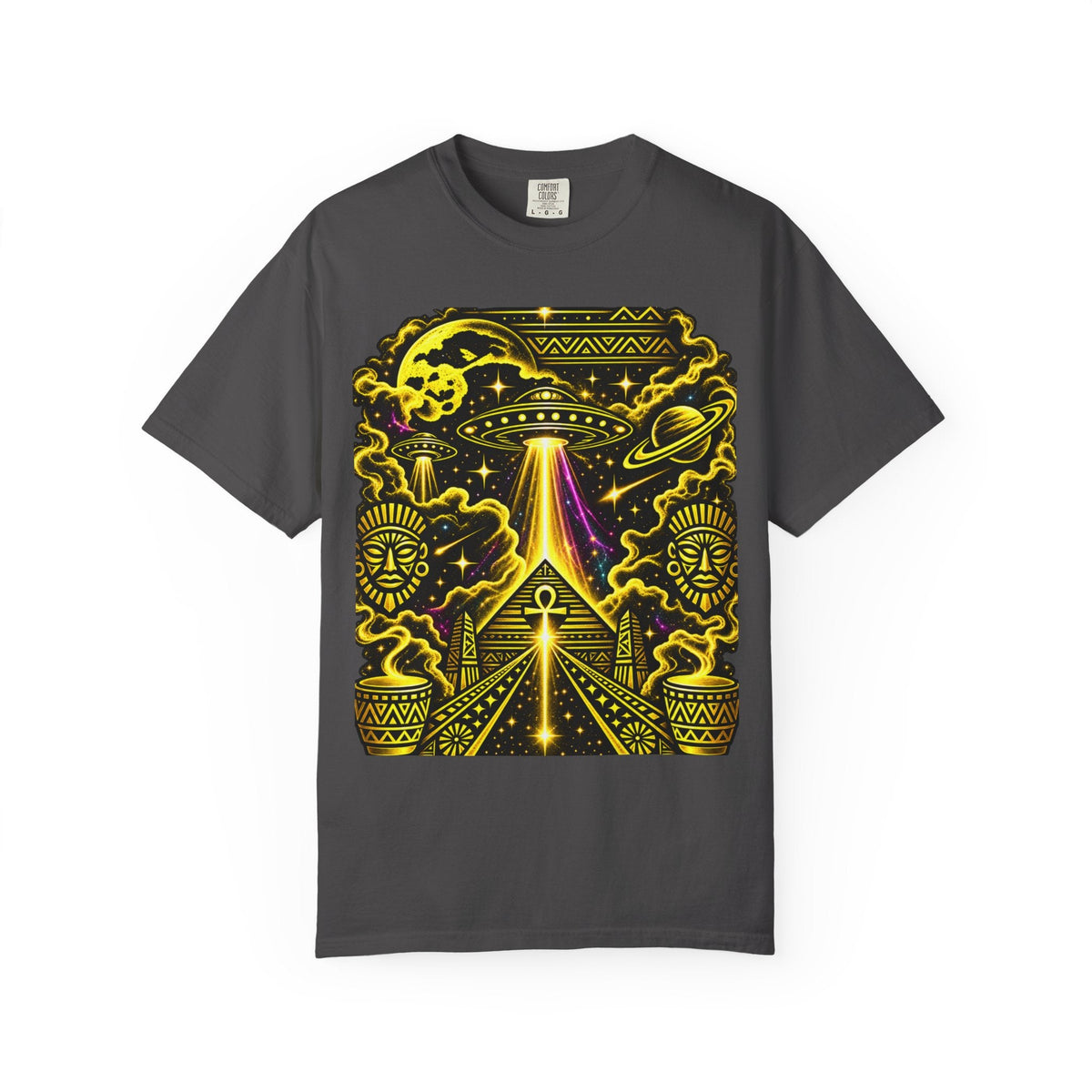 Graphite Alien Pyramid UFO graphic tee by JR Vortex – garment-dyed heavyweight cotton