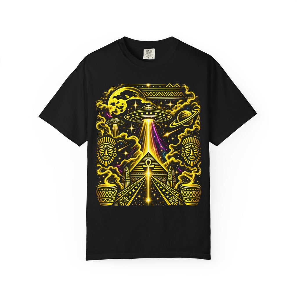 Black Alien Pyramid UFO graphic tee by JR Vortex – retro sci-fi streetwear