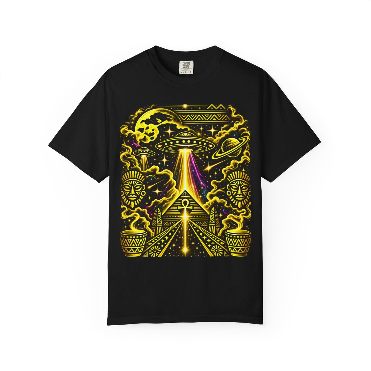Black Alien Pyramid UFO graphic tee by JR Vortex – retro sci-fi streetwear