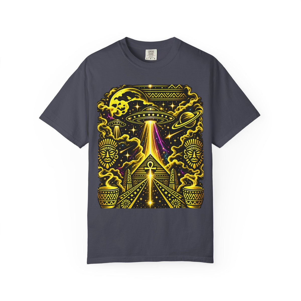 Navy Alien Pyramid UFO graphic tee by JR Vortex – cosmic pyramid and UFO beam artwork