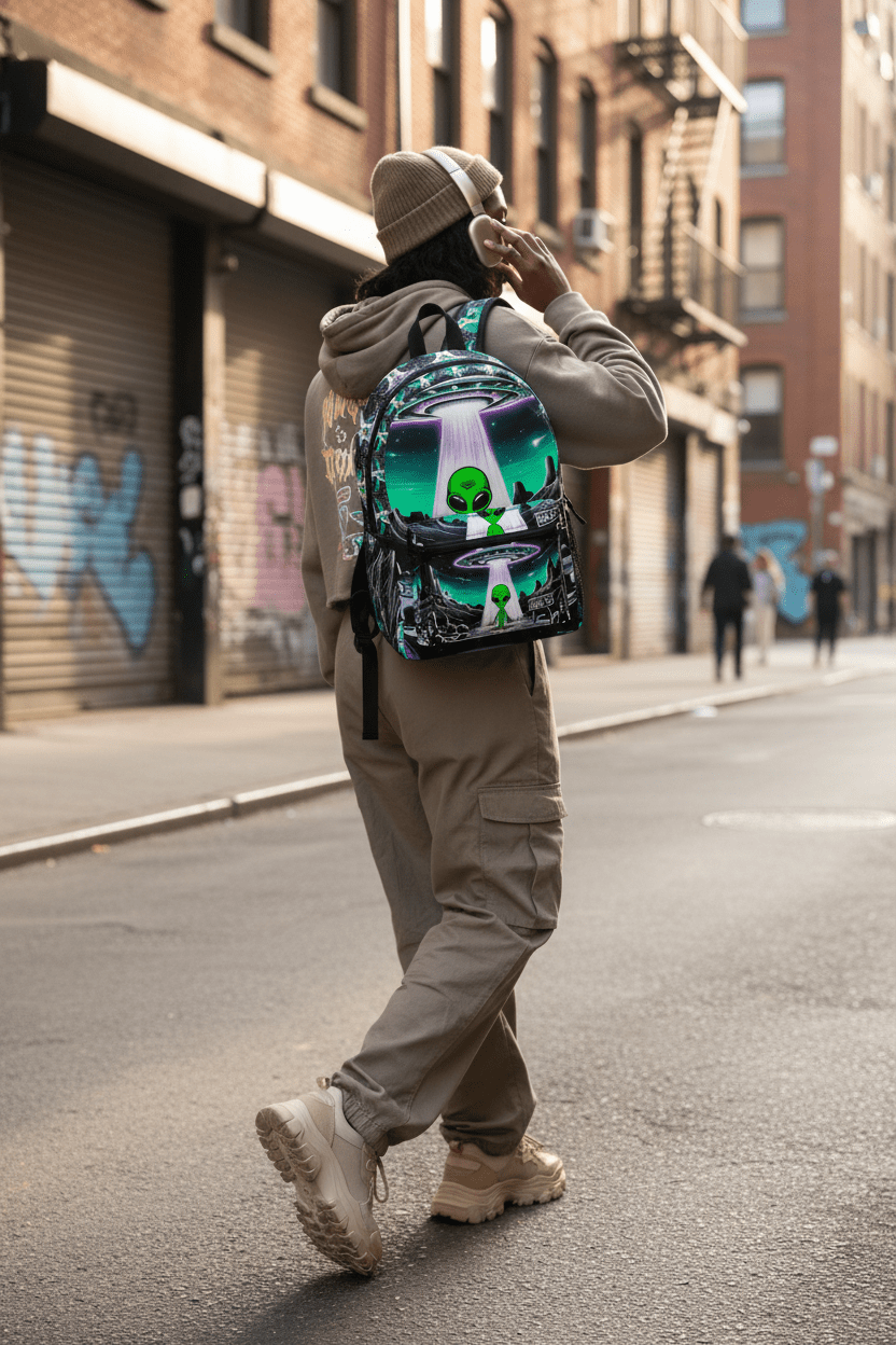 Black model with backpack
