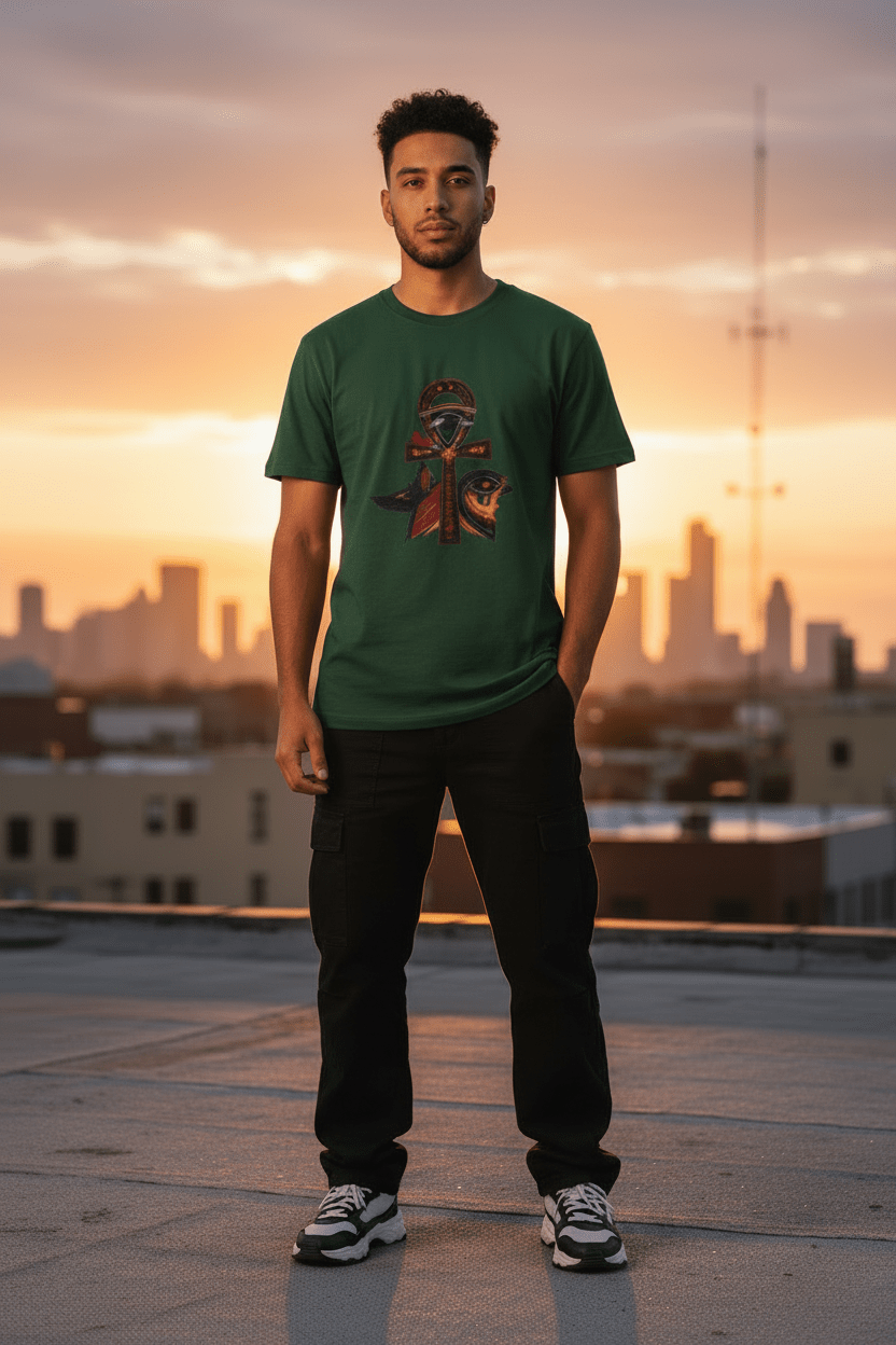 Latino Man Green Tee Rooftop Sunset