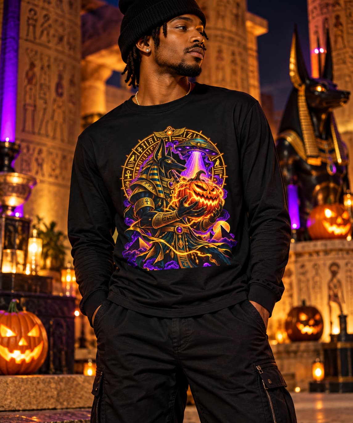 Anubis Cosmic Pumpkin Long Sleeve Tee – Egyptian Halloween Streetwear