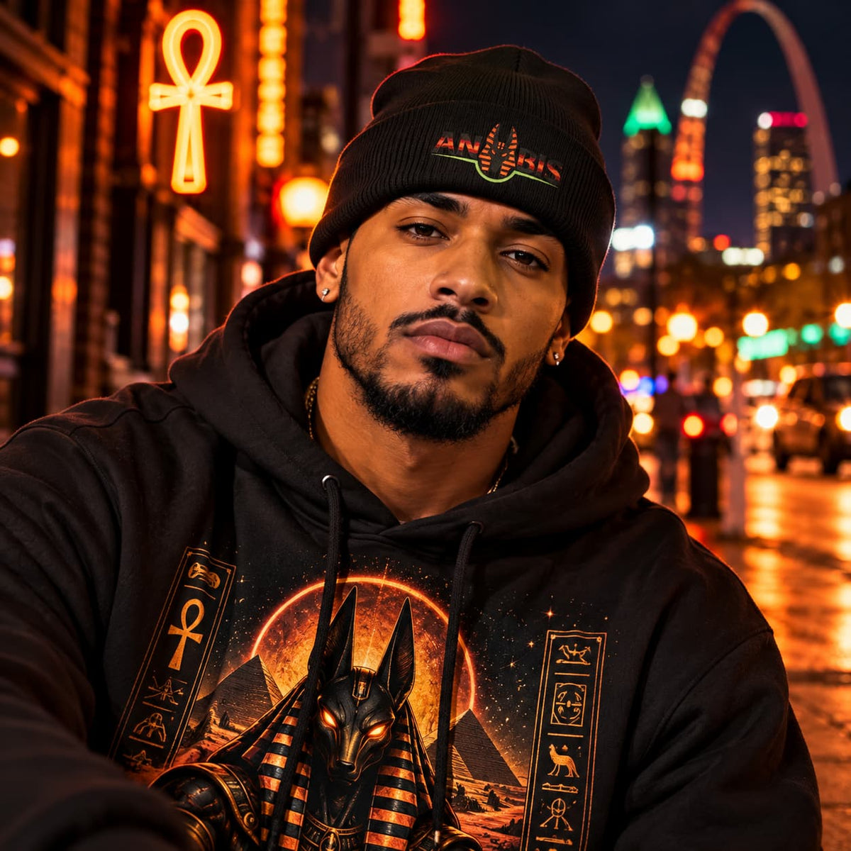 Anubis Embroidered Beanie — Egyptian Cosmic Streetwear