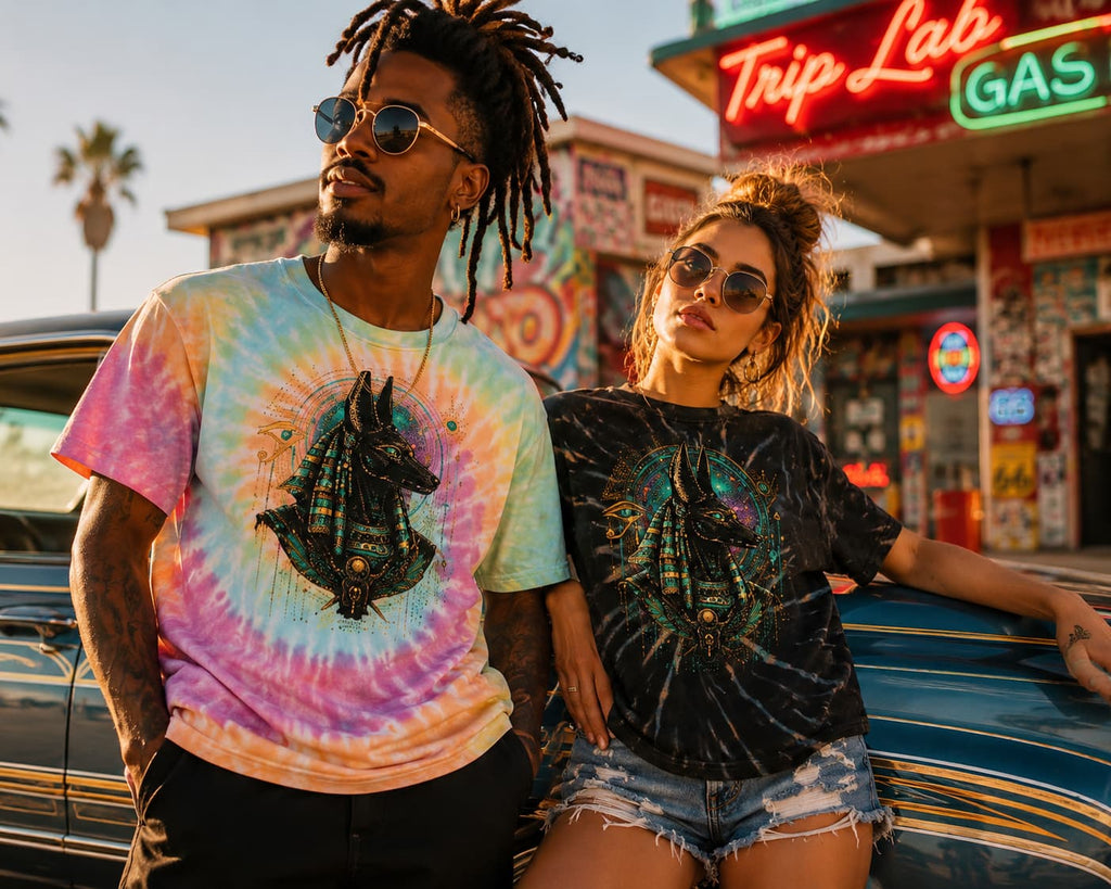 Anubis Graphic Tie-Dye T-Shirt — Vibrant Egyptian Myth Tee for Men