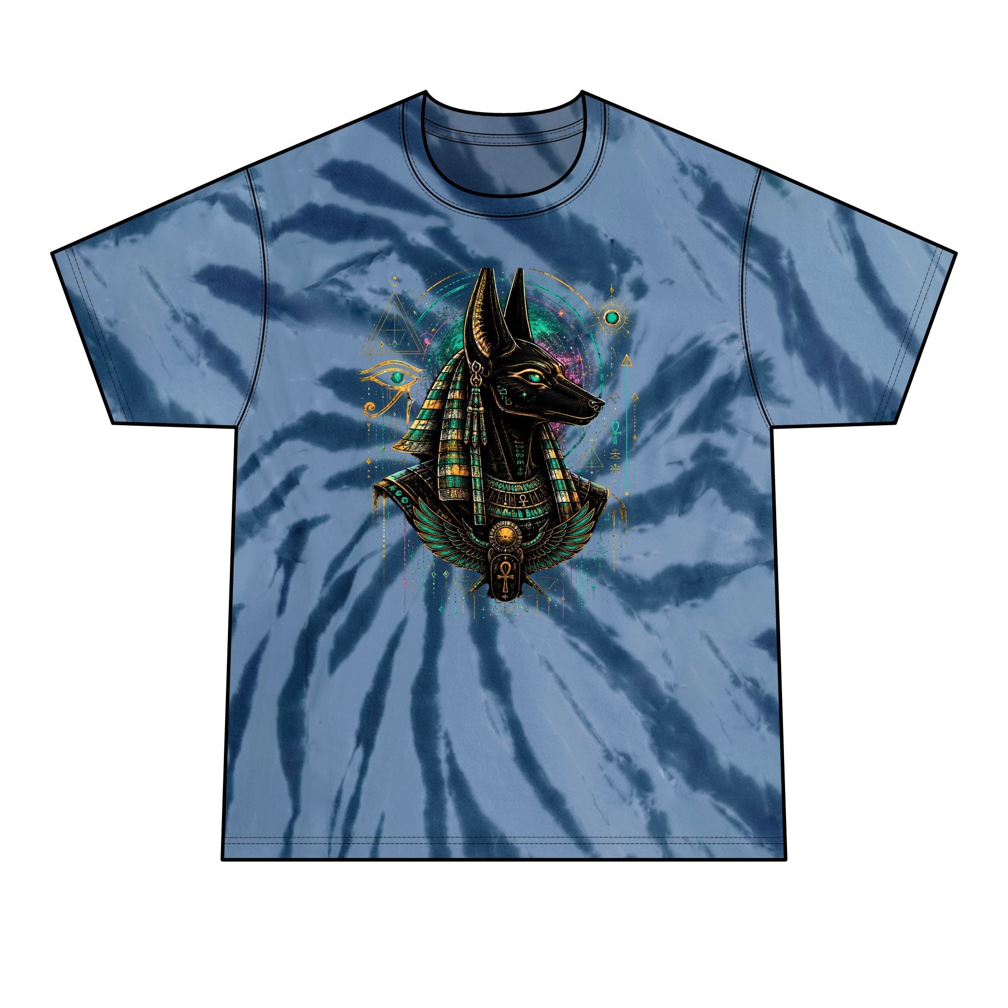 Anubis Graphic Tie-Dye T-Shirt — Vibrant Egyptian Myth Tee for Men