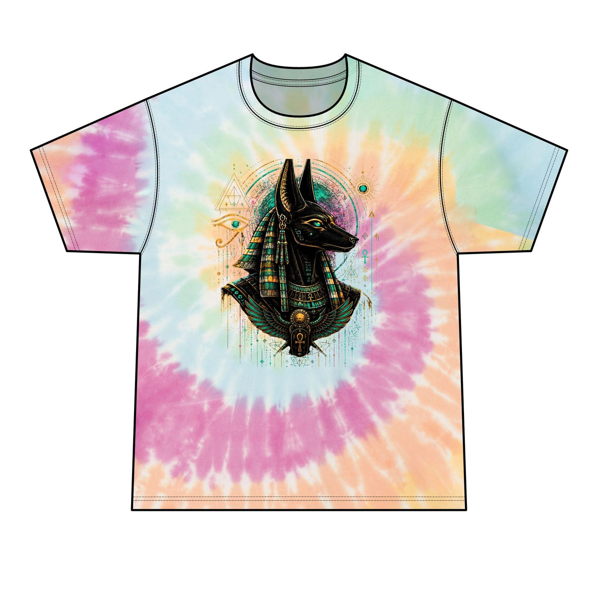 Anubis Graphic Tie-Dye T-Shirt — Vibrant Egyptian Myth Tee for Men
