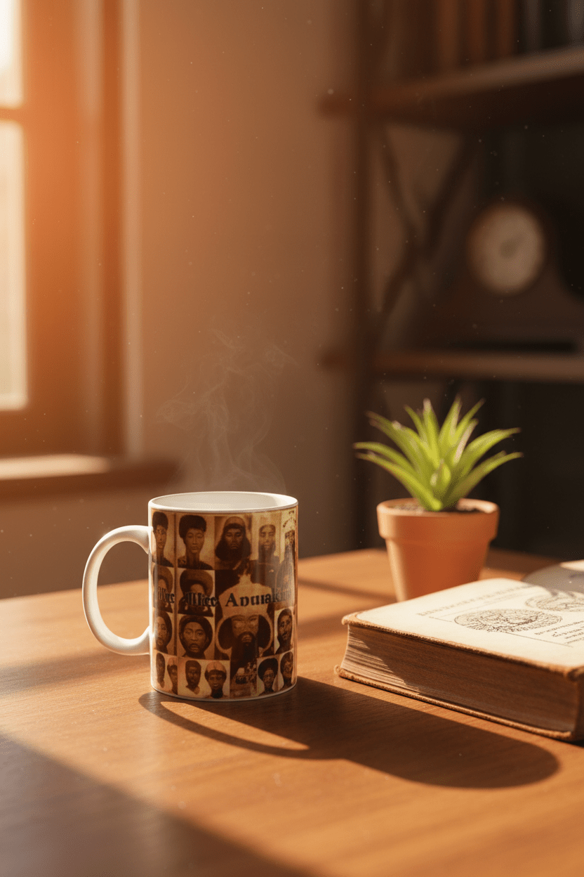 Anunaki Coffee Cup — Wood Desk