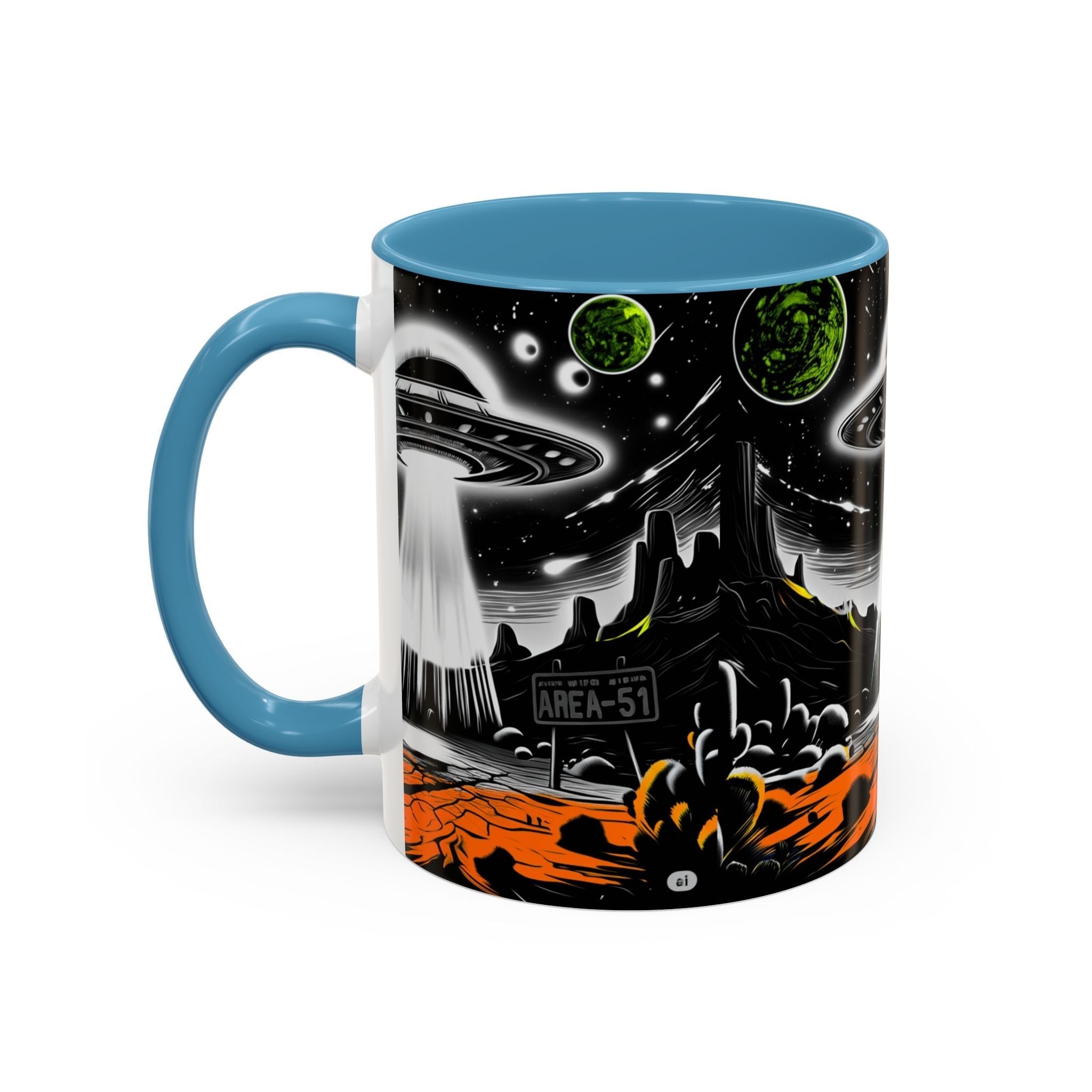 Area 51 UFO Accent Coffee Mug - Space Lover Gift, Weird Alien Decor, Black Mug, Sci-Fi Enthusiast, Kitchenware, Unique Gift Idea! Printify
