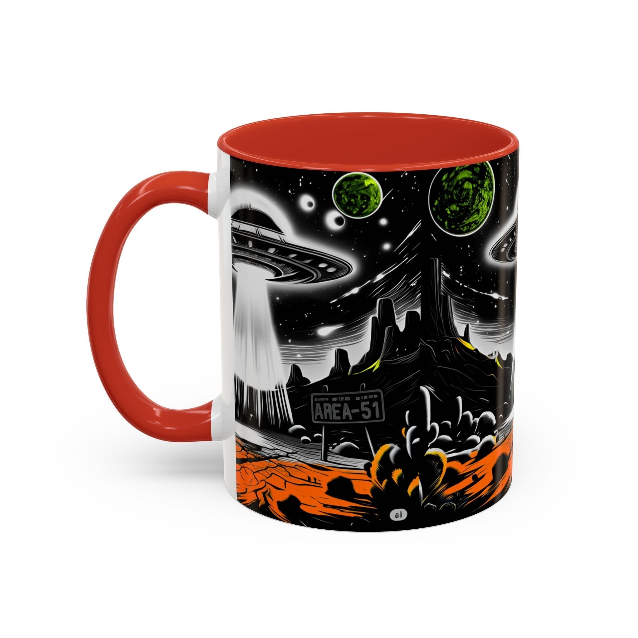 Area 51 UFO Accent Coffee Mug - Space Lover Gift, Weird Alien Decor, Black Mug, Sci-Fi Enthusiast, Kitchenware, Unique Gift Idea! Printify