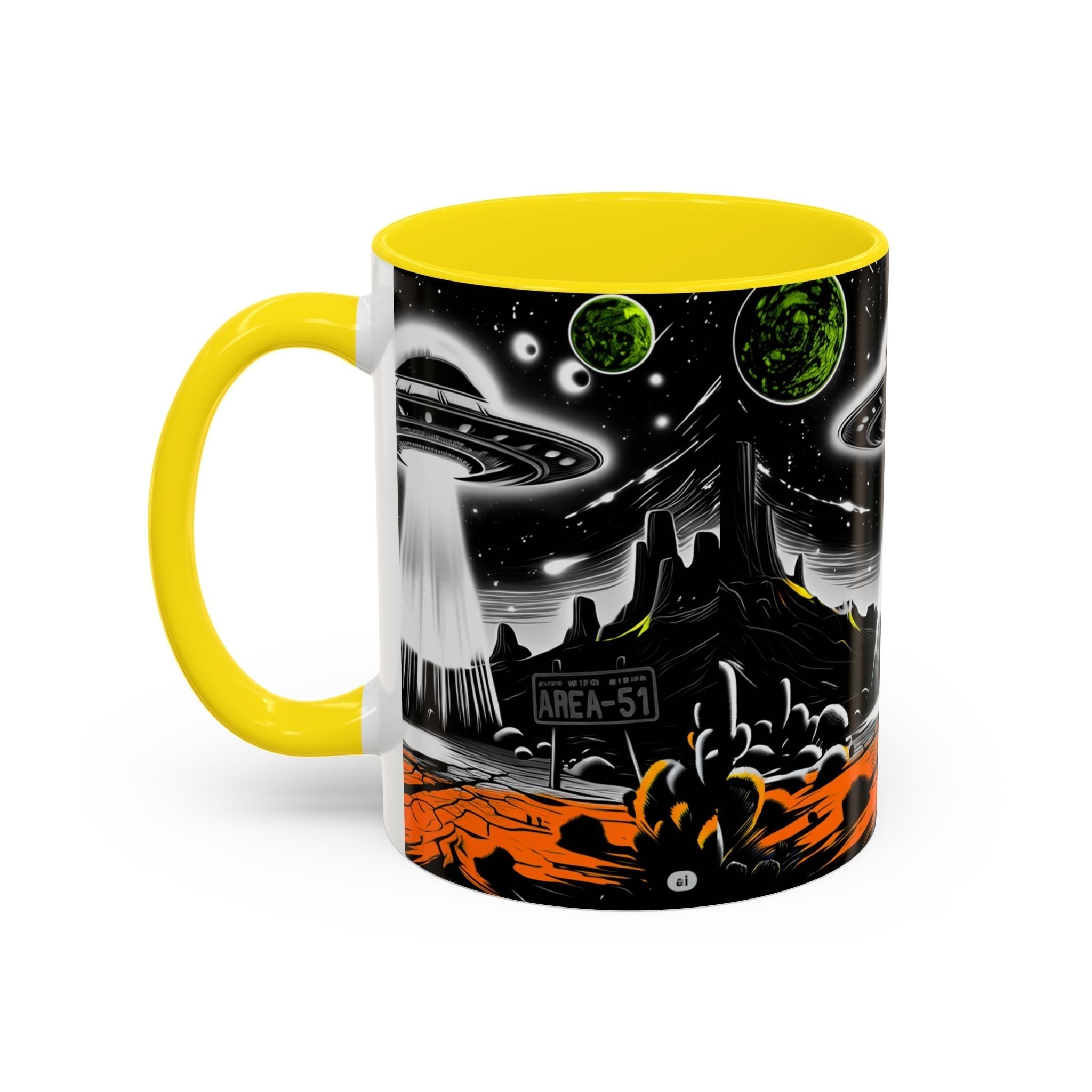 Area 51 UFO Accent Coffee Mug - Space Lover Gift, Weird Alien Decor, Black Mug, Sci-Fi Enthusiast, Kitchenware, Unique Gift Idea! Printify