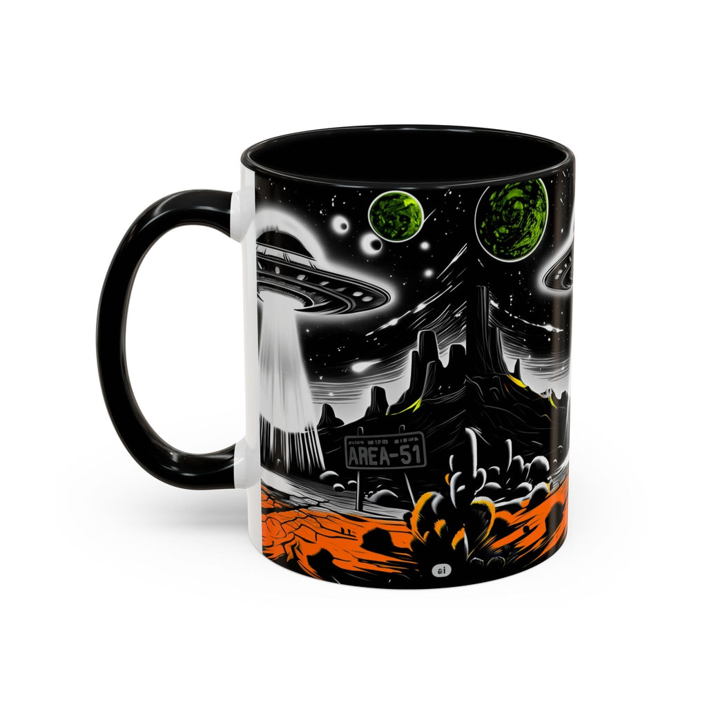 Area 51 UFO Accent Coffee Mug - Space Lover Gift, Weird Alien Decor, Black Mug, Sci-Fi Enthusiast, Kitchenware, Unique Gift Idea! Printify