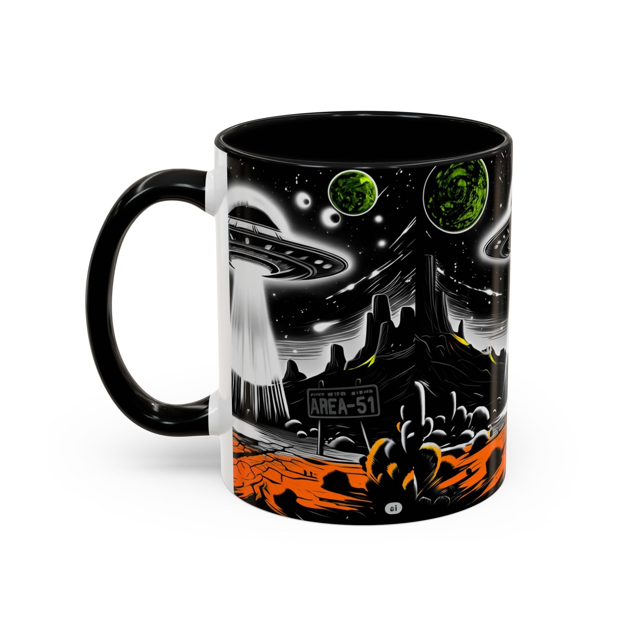 Area 51 UFO Accent Coffee Mug - Space Lover Gift, Weird Alien Decor, Black Mug, Sci-Fi Enthusiast, Kitchenware, Unique Gift Idea! Printify