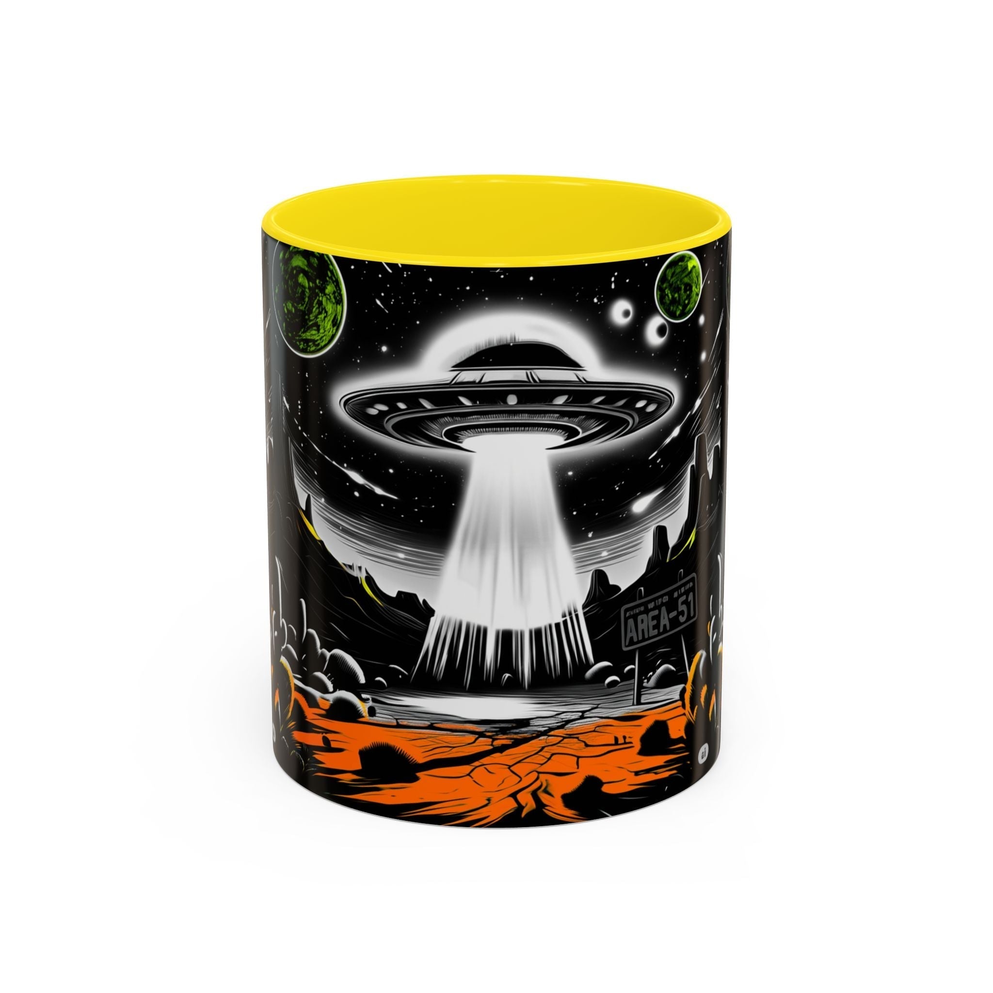 Area 51 UFO Accent Coffee Mug - Space Lover Gift, Weird Alien Decor, Black Mug, Sci-Fi Enthusiast, Kitchenware, Unique Gift Idea! Printify