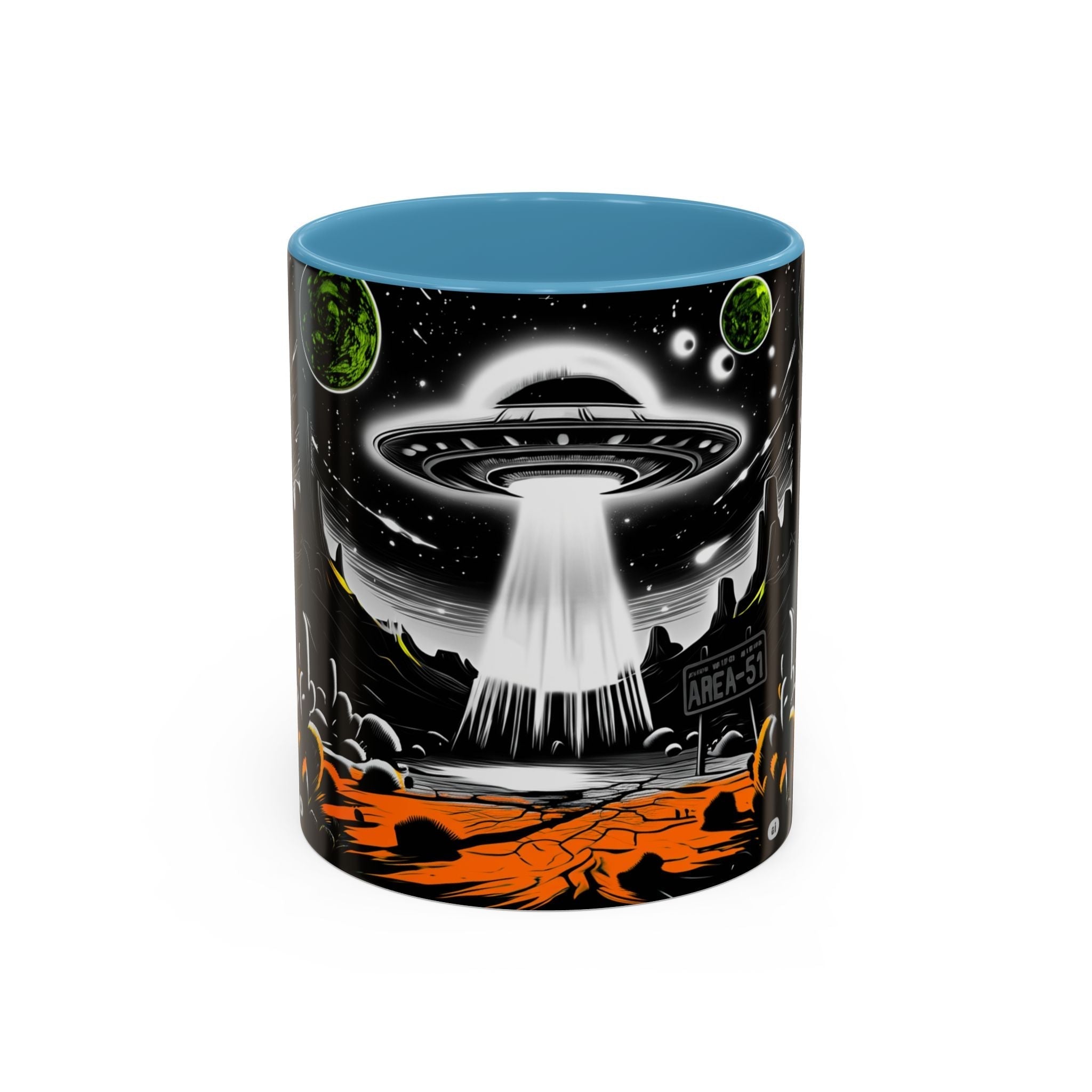 Area 51 UFO Accent Coffee Mug - Space Lover Gift, Weird Alien Decor, Black Mug, Sci-Fi Enthusiast, Kitchenware, Unique Gift Idea! Printify
