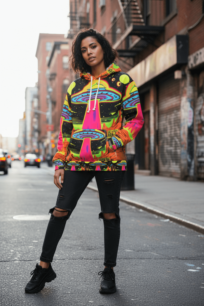 Female model wearing Area 51 UFO hoodie